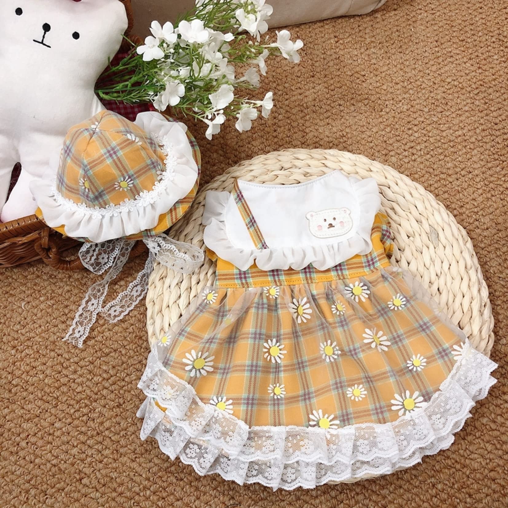 Stylish Cotton Lace Daisy Print Dog Dress - Breathable Summer Plaid Puppy Clothes for Small Dogs & Cats | Perfect for Outdoor Walks, Pet Parties & Photo Shoots