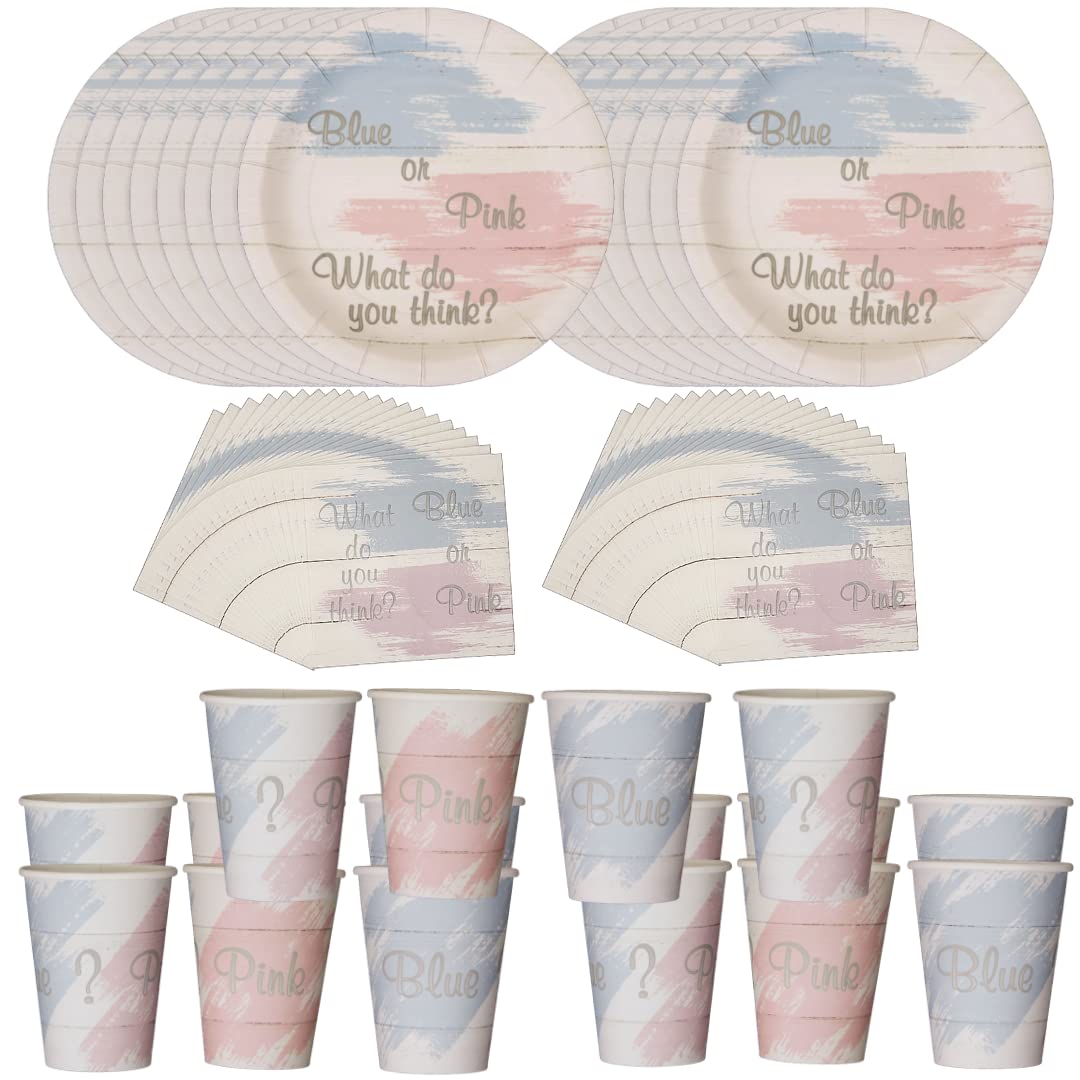 Blue or Pink Painted Shiplap Gender Reveal Party Supplies - 16-Piece Disposable Tableware Set with Plates, Napkins & Cups - Perfect for Baby Showers & Gender Announcement Parties
