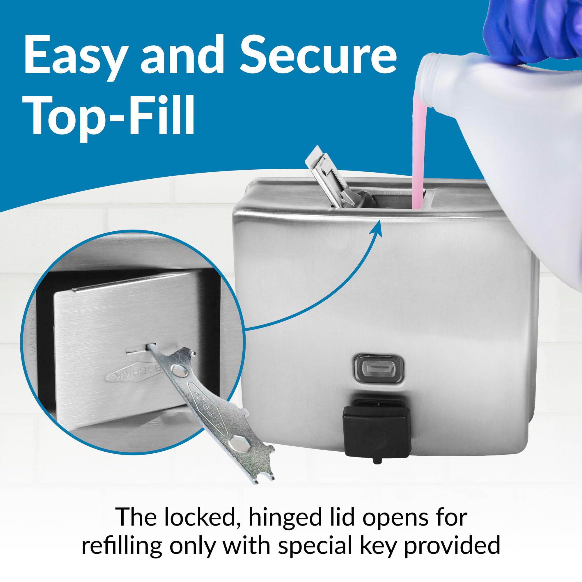 Bobrick B-4112 Wall-Mounted Liquid Soap Dispenser - 40oz Stainless Steel Commercial Soap Dispenser with Vandal-Resistant Design & Refill Indicator - Top Fill Soap Dispenser for Restrooms, Hospitals, Schools & Office Buildings