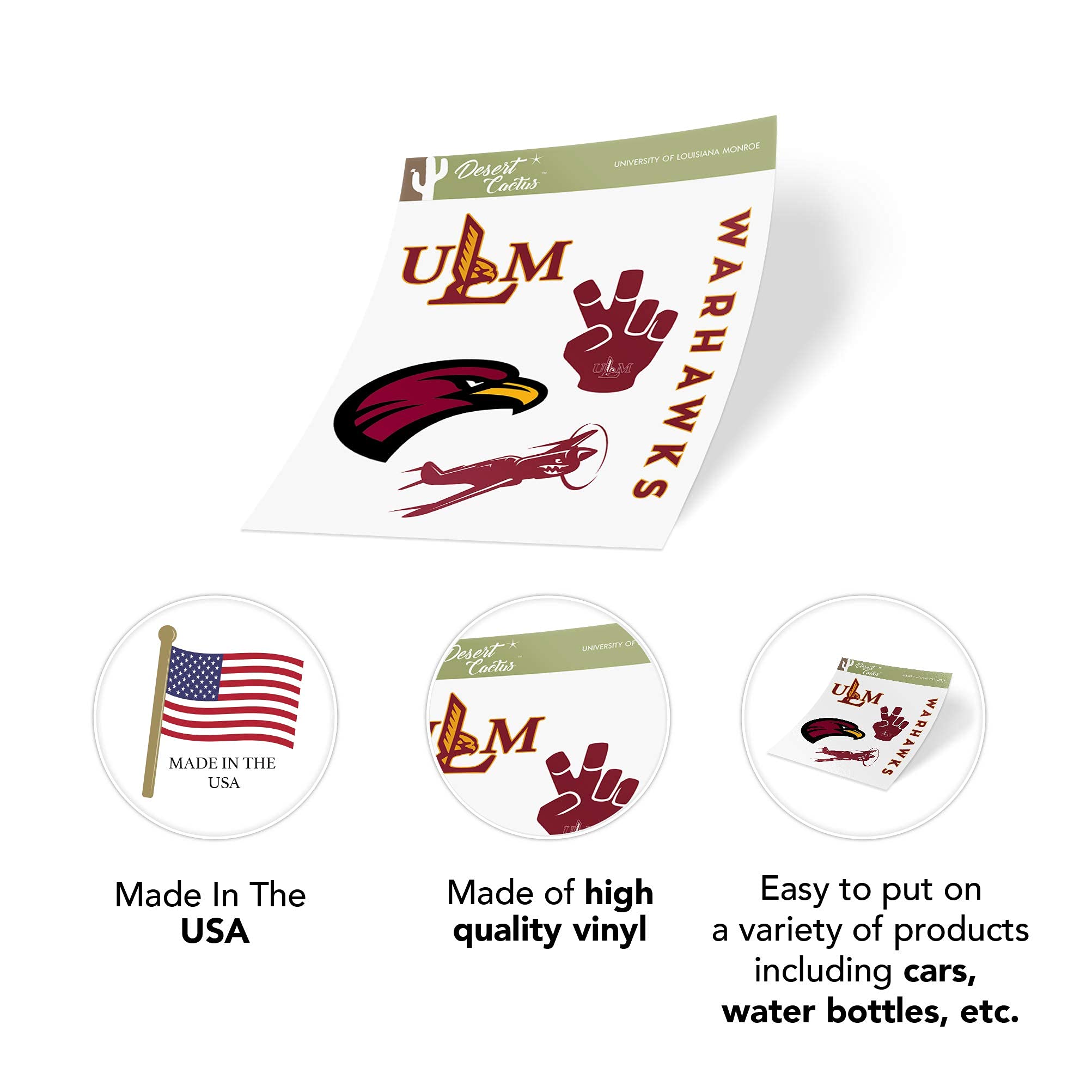 ULM Warhawks Vinyl Decals - Desert Cactus Design Stickers for Laptop, Water Bottle, Car & Scrapbook - University of Louisiana Monroe Fan Gear | Perfect for Game Day, School Spirit & DIY Crafts