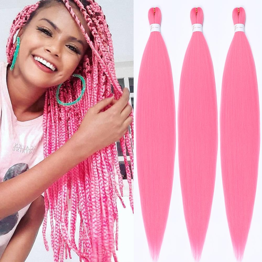 Pre-Stretched Braiding Hair 32 Inch - Pink Synthetic Hair Extensions for Yaki Braids, Hot Water Setting, Crochet Hair (3 Packs, Pink) - Perfect for Protective Styles, Box Braids & Everyday Wear
