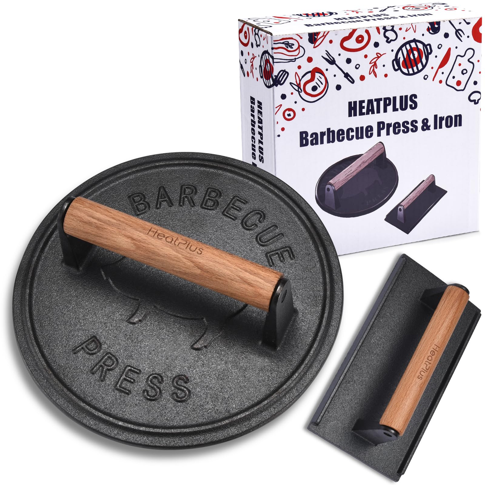 Heavy-Duty 8.5 Inch Cast Iron Burger Press & 8.2 Inch Rectangle Grill Press Set - 3lbs Smash Bacon Press & 2lbs Sandwich Press for Hamburgers, Panini, Steak - Food-Grade with Wood Handle - Perfect for BBQ, Grilling & Home Cooking
