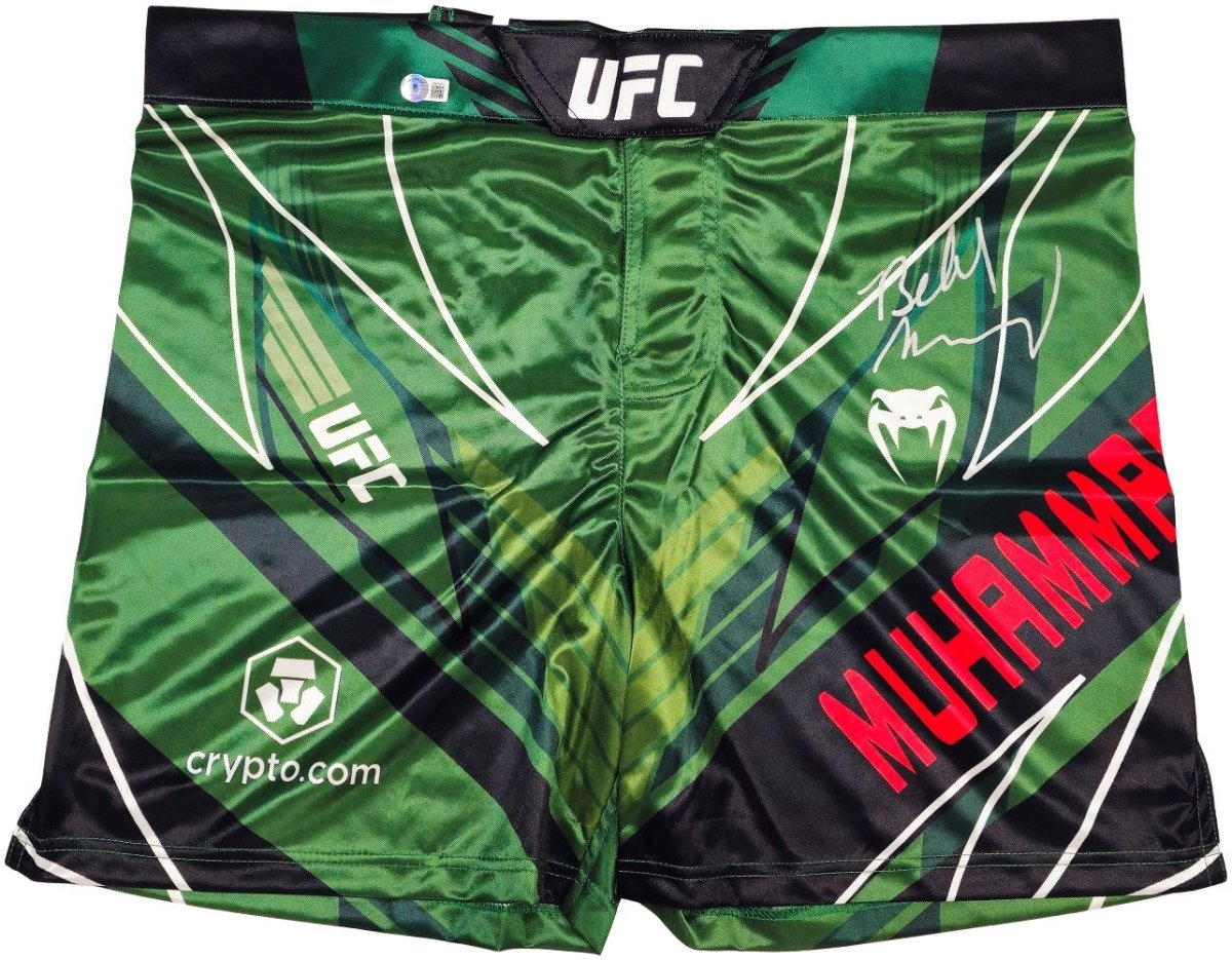 Belal Muhammad Autographed Green MMA Fight Shorts - Custom Signed UFC Trunks for Collectors & Fans - Perfect for Memorabilia Displays & Sports Gifts