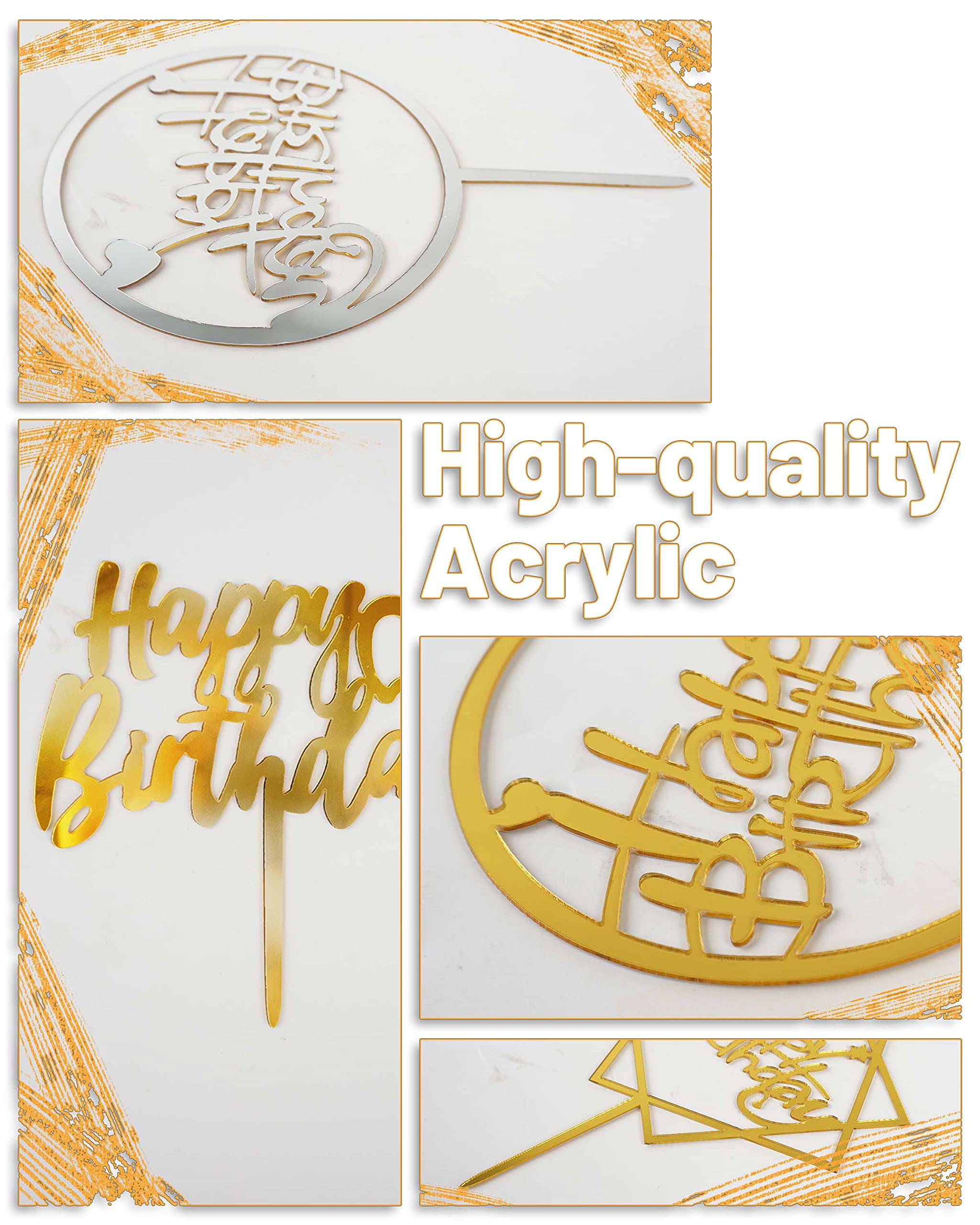 18 Pcs Gold Happy Birthday Cake Toppers - Double-Sided Glitter Acrylic Cake Decorations for Kids & Adults - Perfect for Birthday Parties, Anniversary Celebrations & Special Events