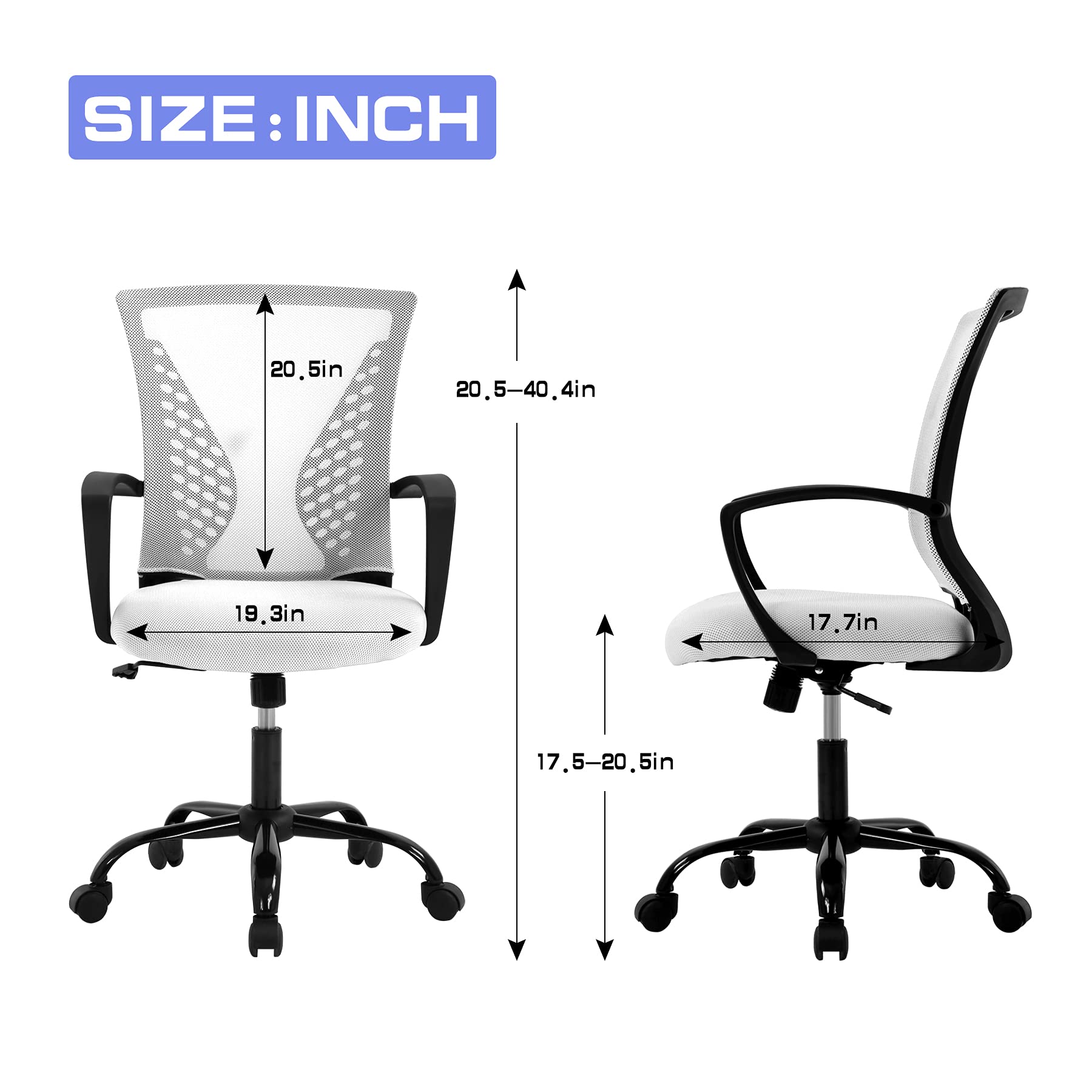 Ergonomic Office Chair with Lumbar Support - Adjustable Height Mesh Computer Desk Chair, Swivel Rolling Task Chair for Home Office & Gaming - Comfortable Mid Back Support & Armrests (White) - Perfect for Long Work Hours, Online Meetings, and Gaming Sessions