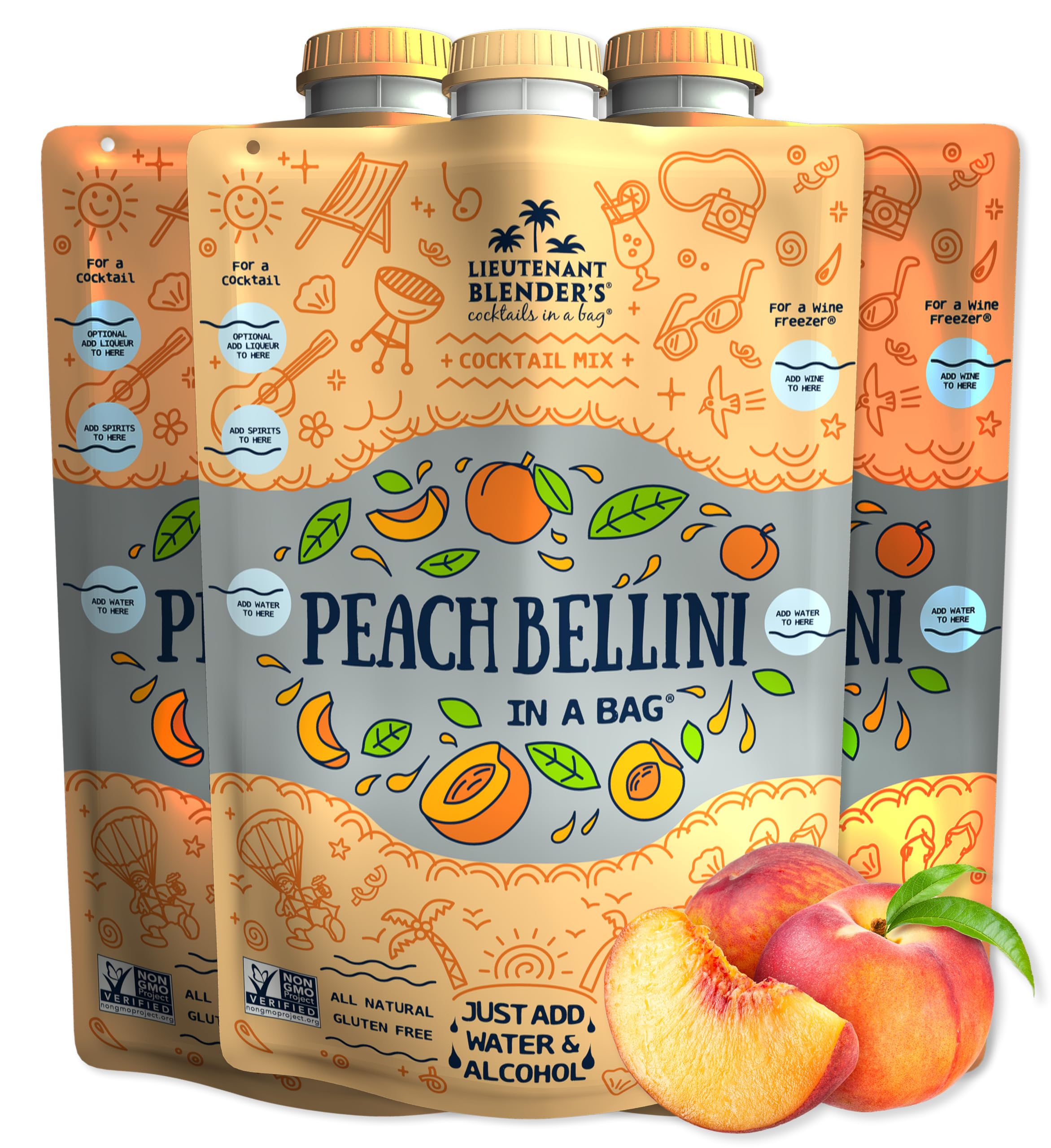 Premium Peach Bellini Wine Slushie Mix - Non-GMO Freezer Cocktail Mix (Pack of 3) - Makes 1/2 Gallon per Bag - Perfect for Pool Parties, Girls' Night & Summer Gatherings