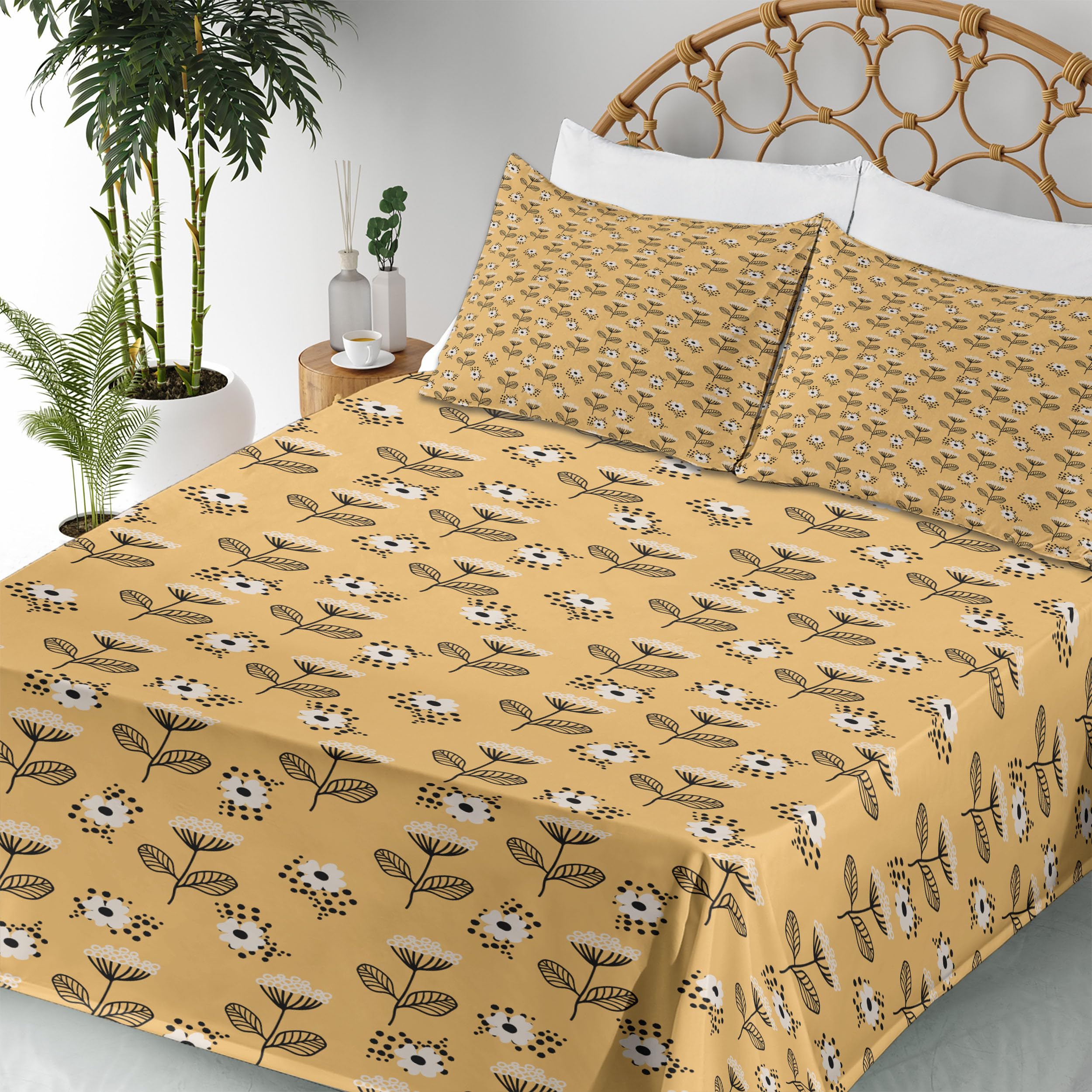 Ambesonne Floral Sheet Set - Hand-Drawn Doodle Flowers & Polka Dots, 4-Piece King Size Bedding Set with Fitted Sheet, Flat Sheet & Pillowcases in Pale Orange Umber - Perfect for Master Bedroom, Guest Room & Bohemian Home Decor