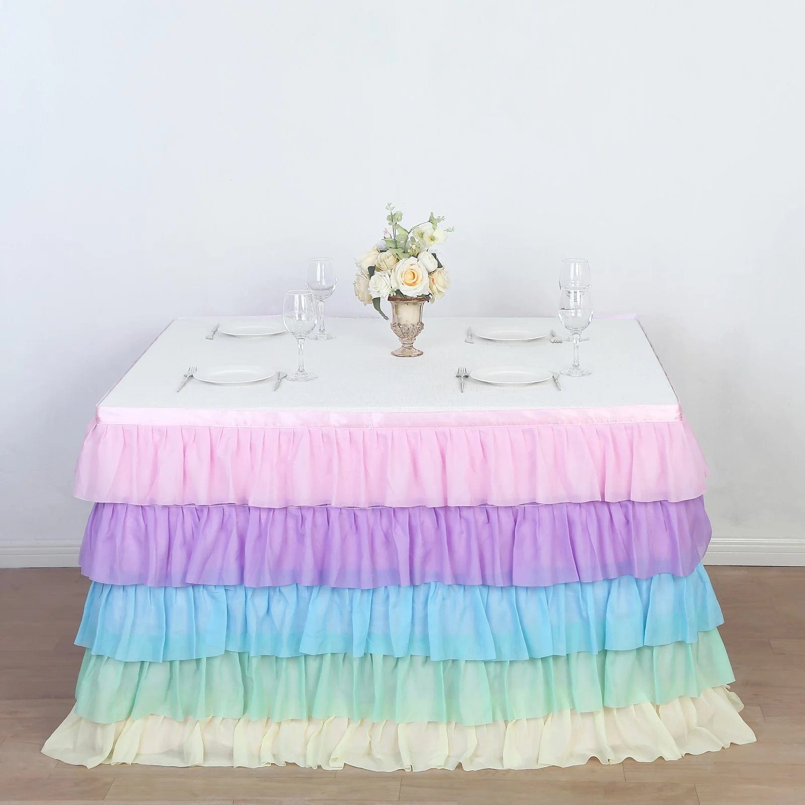 14 ft Chiffon 5 Tier Ruffled Tutu Table Skirt with Satin Backing - Elegant Party Decor for Weddings, Baby Showers & Banquets