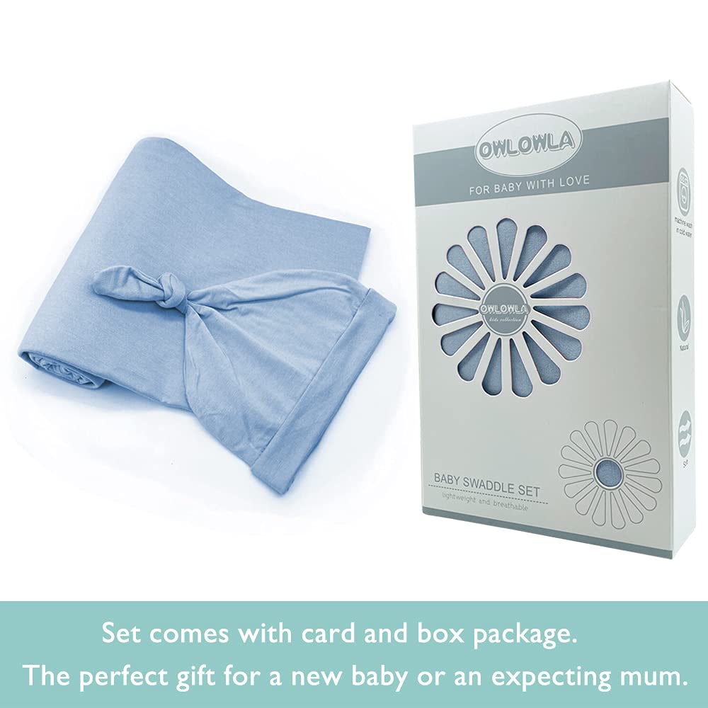 OWLOWLA Baby Swaddle Blanket & Hat Set - Soft Newborn Swaddle Wrap & Receiving Blanket for Boys & Girls (Baby Blue) - Perfect for Hospital, Home & Photo Shoots
