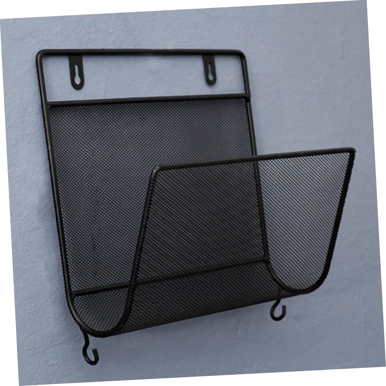 Nordic Style Wall Mounted Iron Mesh Magazine Rack with Hooks - Black Home Office Storage Shelf for Books, Albums & Organizing | Perfect for Living Room, Bedroom & Office Decor