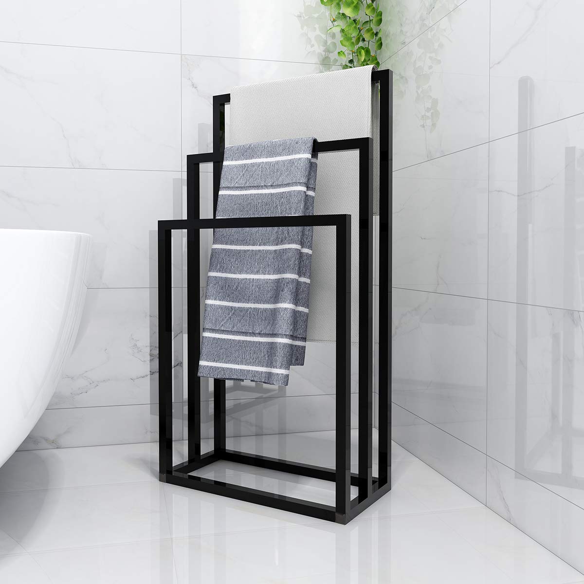 TSLY 3-Tier Freestanding Metal Towel Rack - Heavy Duty Bathroom Storage Organizer for Towels & Washcloths | Space-Saving Drying Shelf for Small Bathrooms, Laundry Rooms & Kitchens (Black)