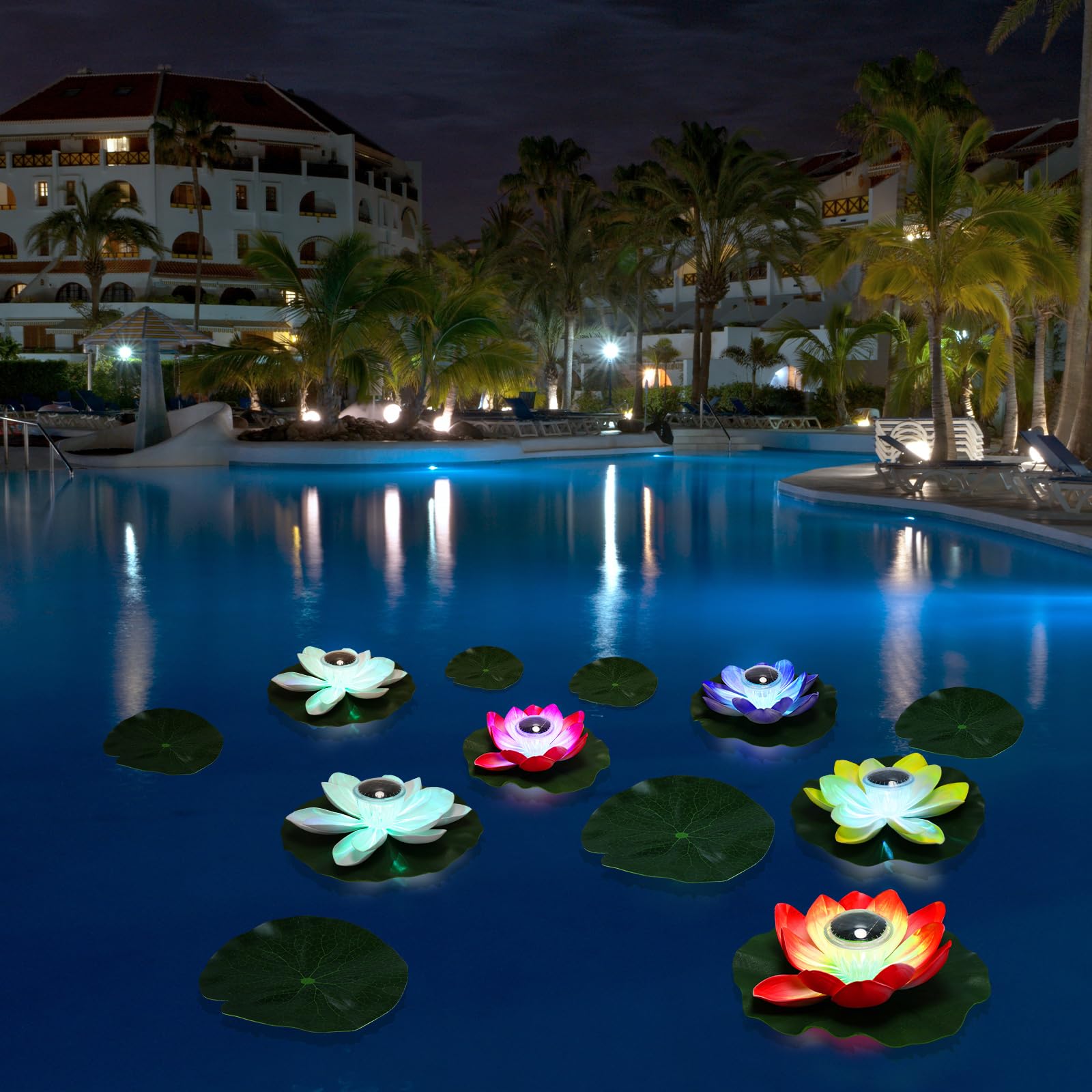 16 Pack Solar Lotus Pond Lights - Waterproof Floating LED Solar Lights with Lily Pads for Garden, Pool, Patio | Outdoor Decor for Night Parties, Swimming Pools & Water Features
