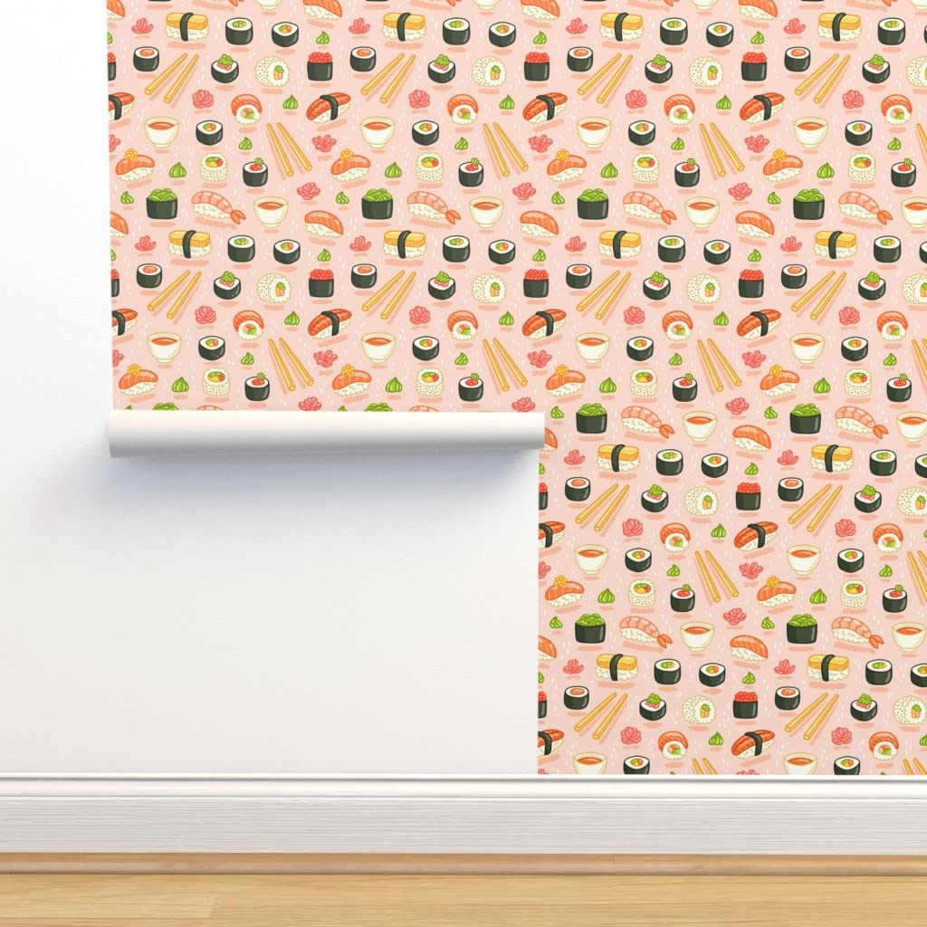 Premium Commercial Grade Wallpaper 27ft x 2ft - Japanese Sushi Food Pattern Traditional Doodle Design for Kitchen, Restaurant & Home Decor by Spoonflower | Waterproof & Peel-and-Stick Easy Installation