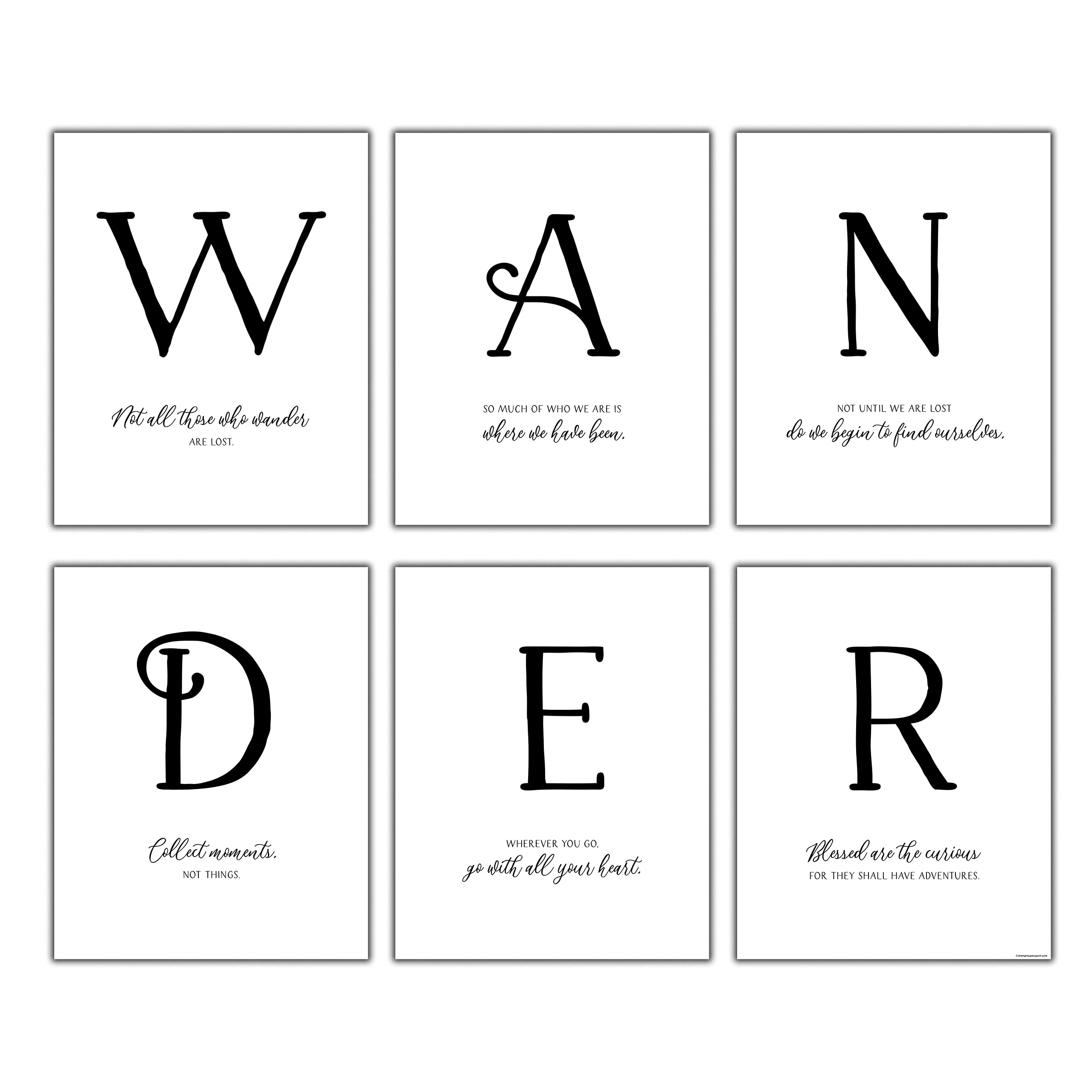 6-Piece Wander Prints Travel Quote Wall Art - Inspirational Black & White Travel Posters 8x10 Unframed - Perfect for Adventure Lovers, Travel Enthusiasts & Home Office Decor