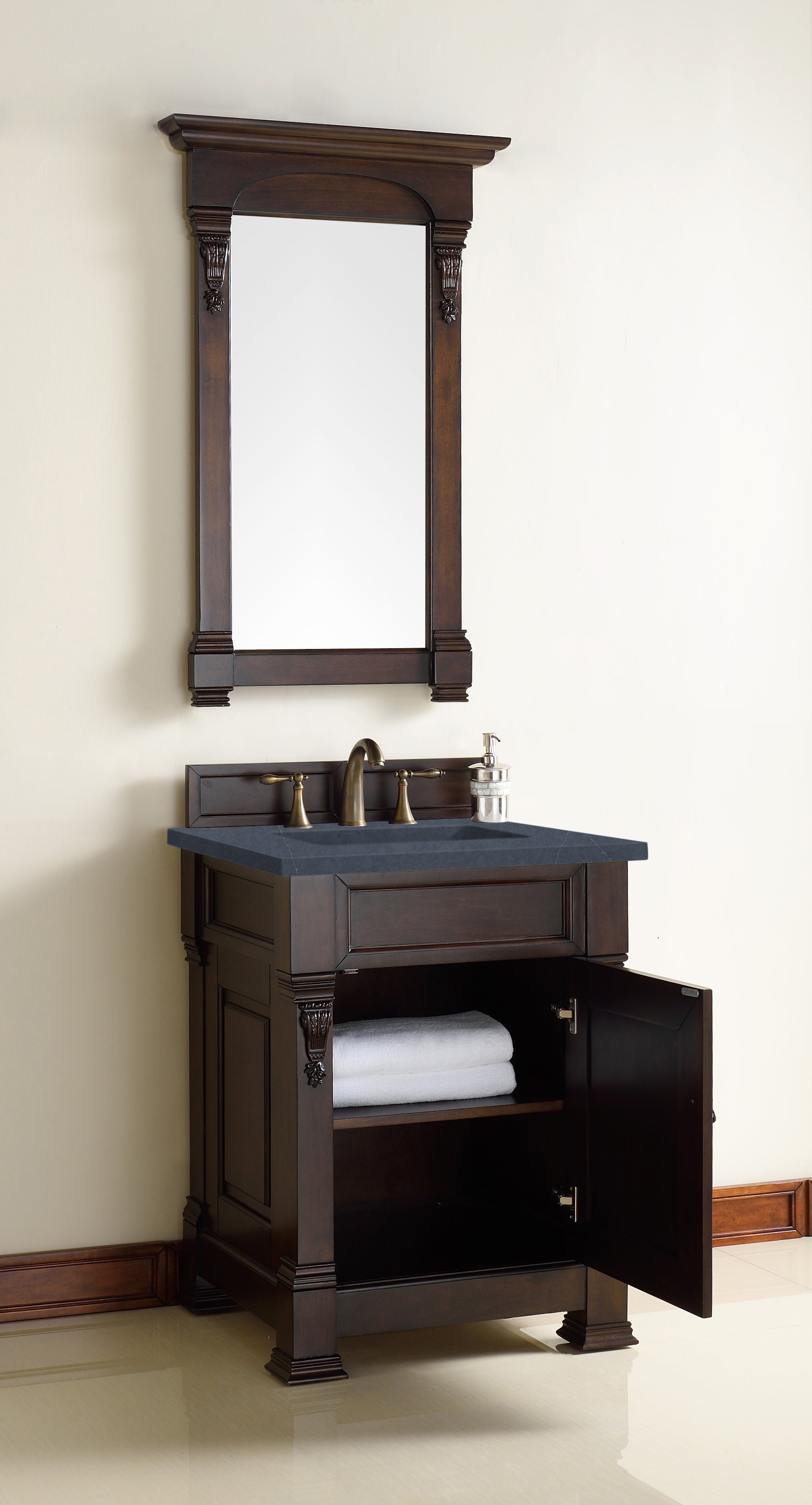 Brookfield 26 Inch Single Bathroom Vanity with Burnished Mahogany Finish & 3CM Charcoal Soapstone Quartz Countertop - Perfect for Small Bathrooms, Powder Rooms & Modern Home Decor