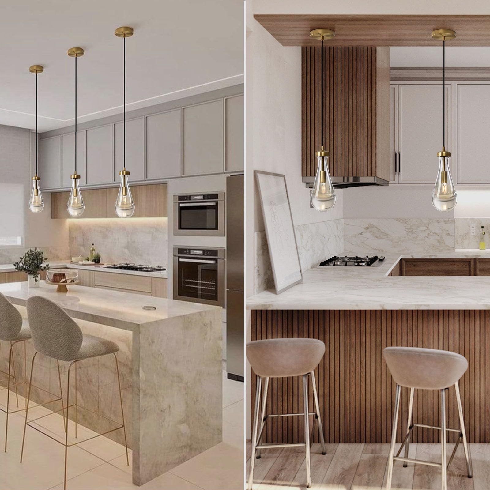 Modern Brass Pendant Light Fixtures Set of 2 with Raindrop Glass, Kitchen Island Lighting, Dining Room Chandelier for Porch, Living Room, Dining Table, E12 LED Bulb, Perfect for Farmhouse, Cafe, and Bedroom Decor