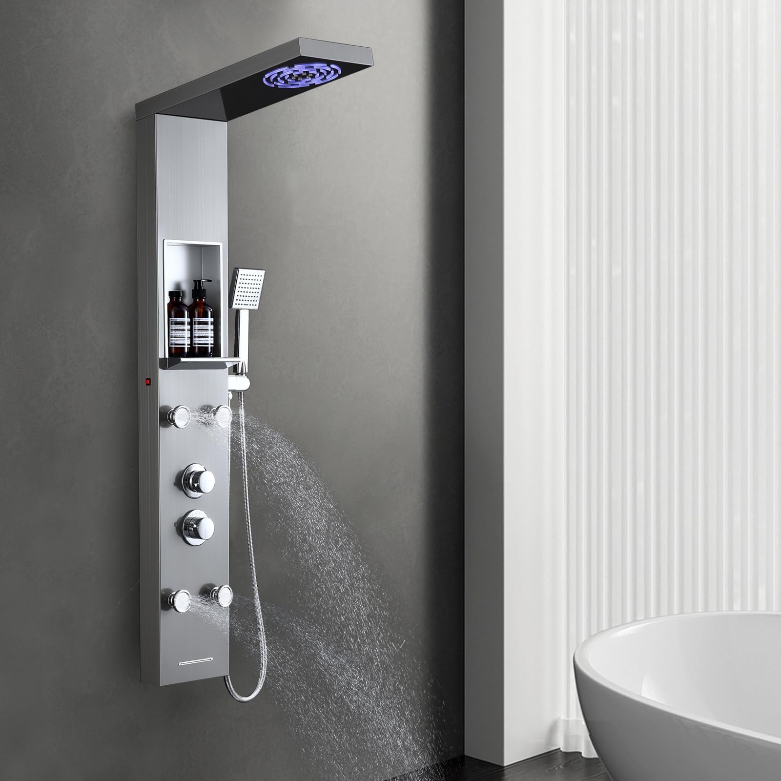 Premium Stainless Steel Shower Panel Tower System with LED Rainfall & Mist Shower Head, 4 Adjustable Body Jets, Hand Shower, Built-in Shelf & Tub Spout - Perfect for Modern Bathroom Renovation & Spa-Like Shower Experience