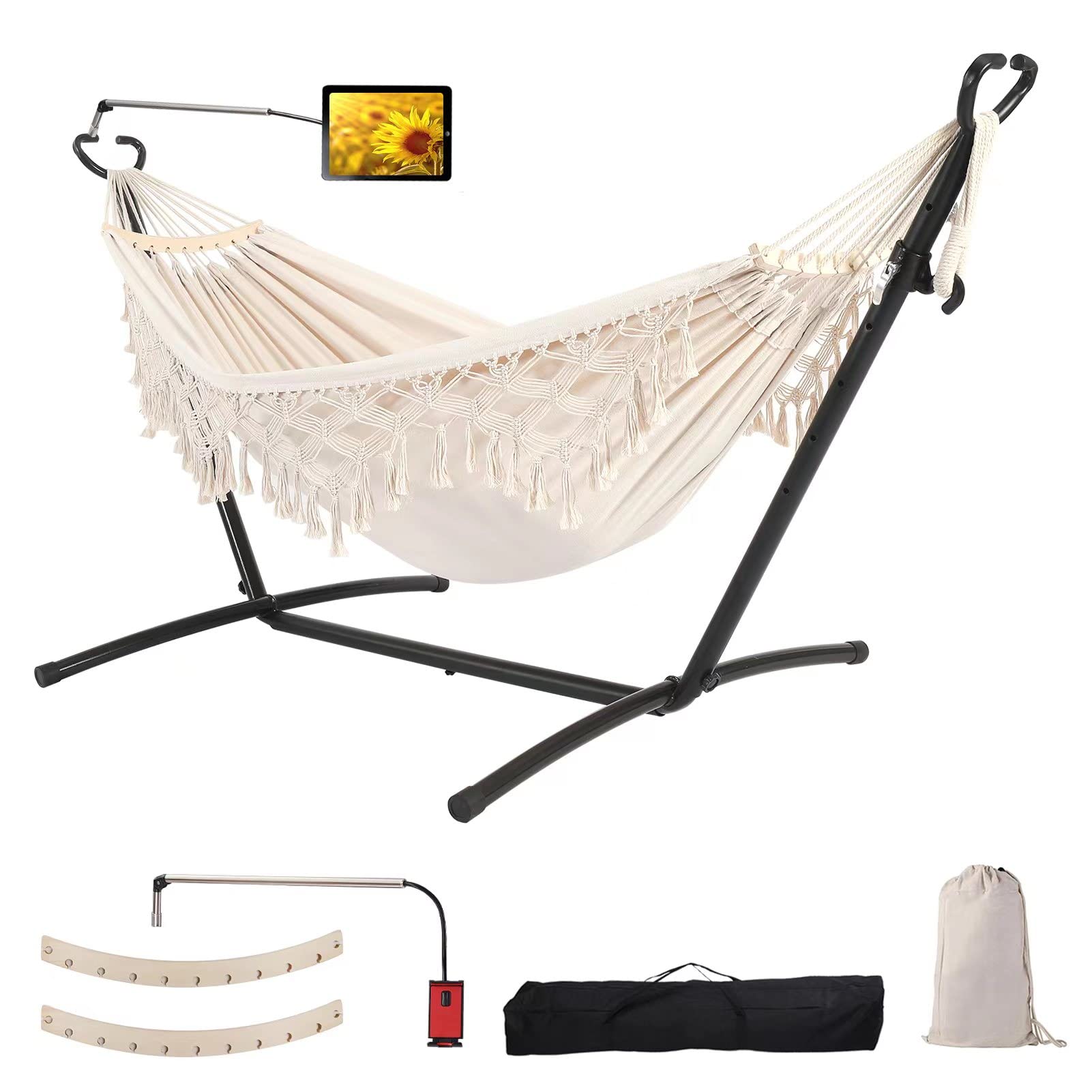 Premium Double Hammock with Stand - Heavy Duty Stainless Steel Frame, Upgraded Phone Holder & Carrying Case - Indoor/Outdoor Use for Patio, Yard, Beach & Camping (2022 Beige)