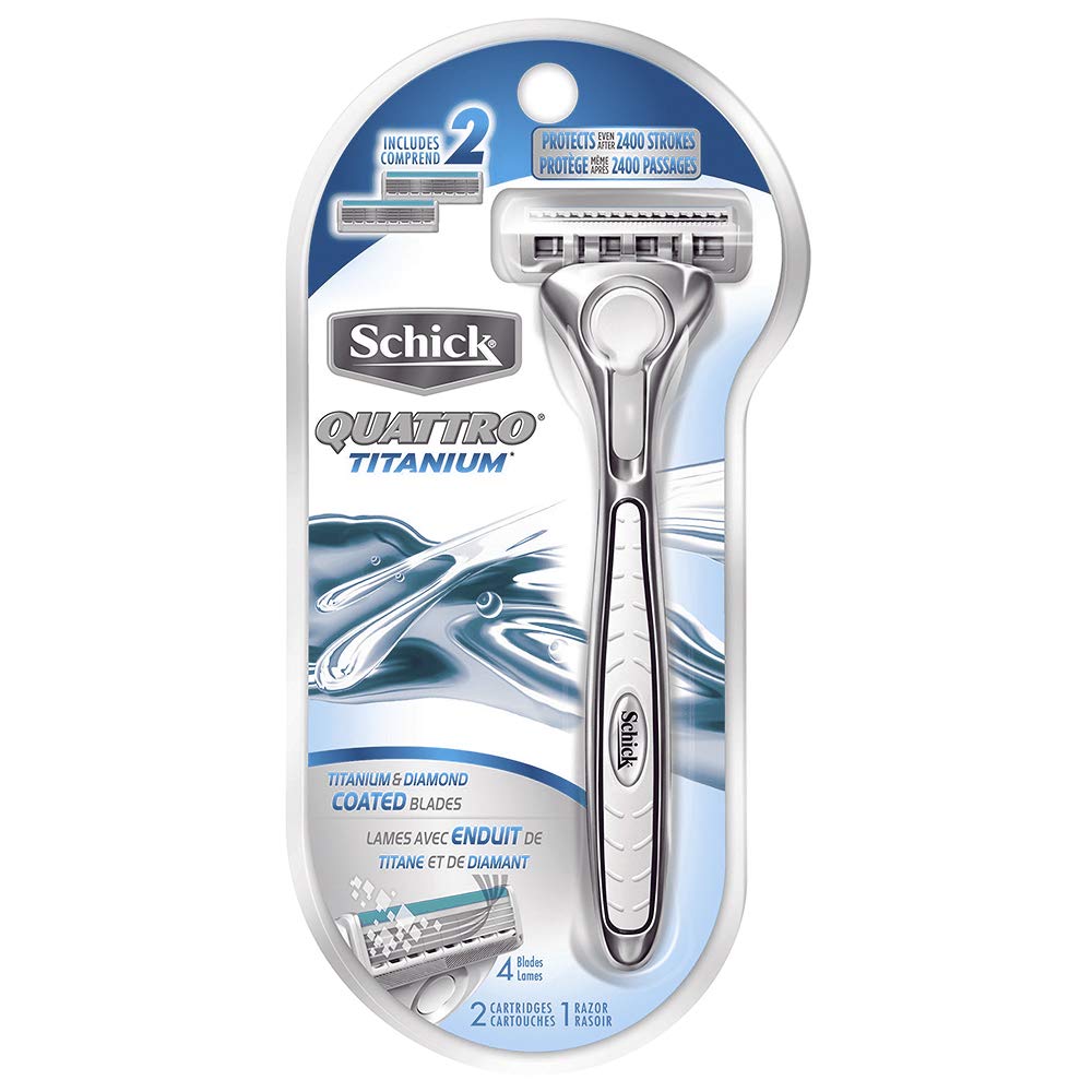 Schick Quattro Titanium Razor & Refill Cartridges - 1 Razor + 2 Blades - Ultra Smooth Shaving for Men - Perfect for Travel & Daily Grooming Routine