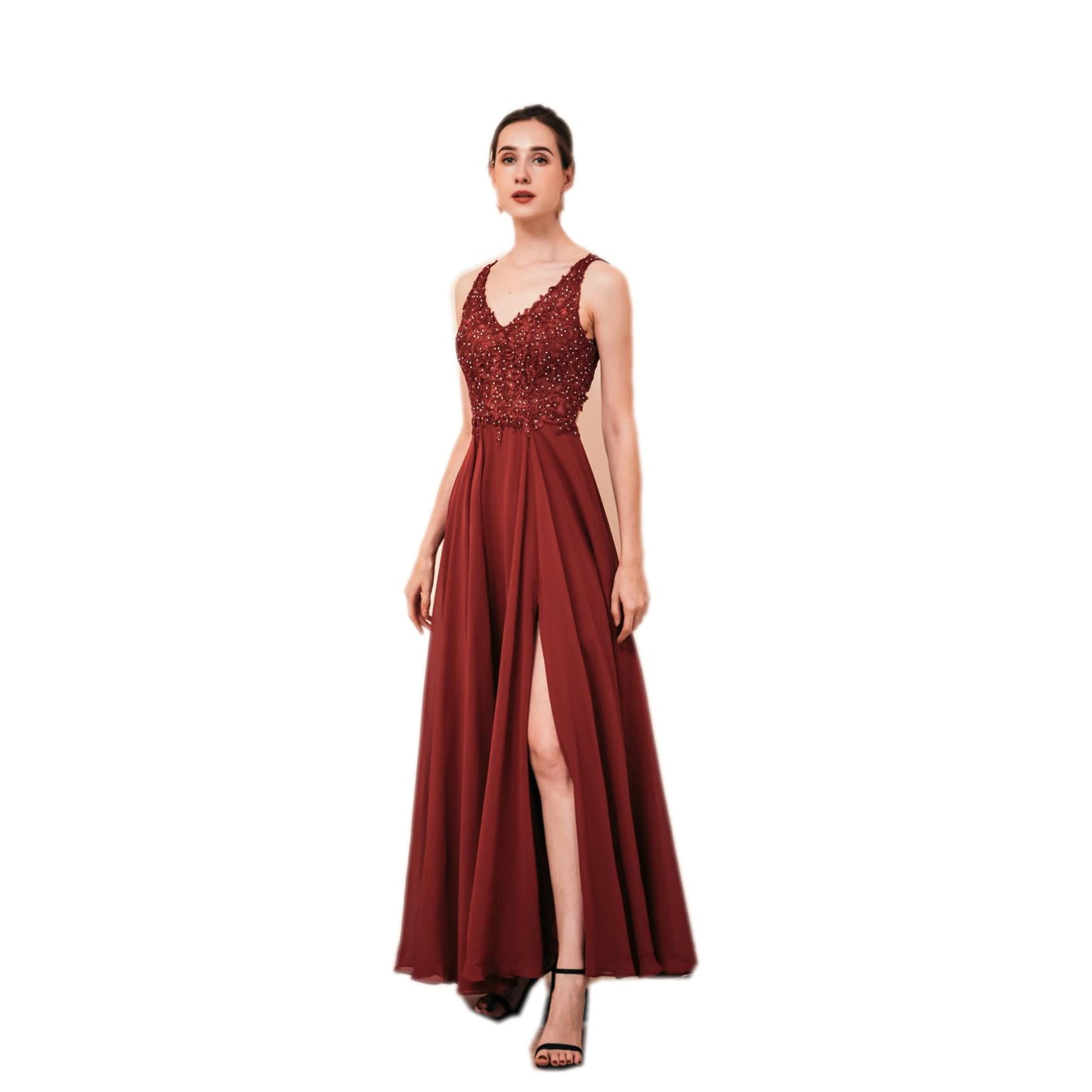 FCOMES Women's Lace Applique V-Neck Chiffon Bridesmaid Dress - A-Line Maxi Formal Gown with Slit for Wedding, Prom, Evening Party & Special Occasions