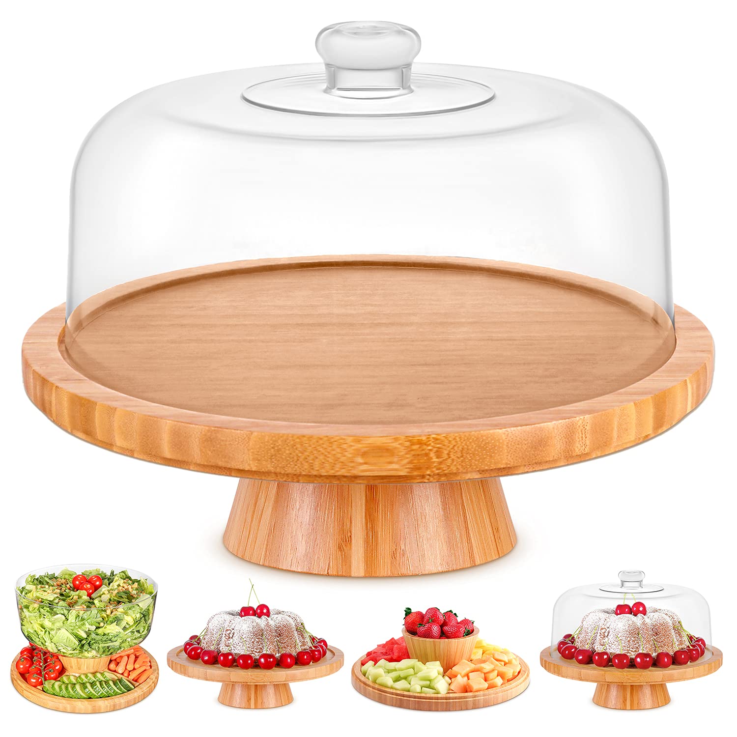 Homeries 6-in-1 Bamboo Cake Stand with Lid - Multi-Functional Serving Platter & Cake Display Stand with Dome - Perfect for Weddings, Birthday Parties, Dessert Buffets & Home Baking Display