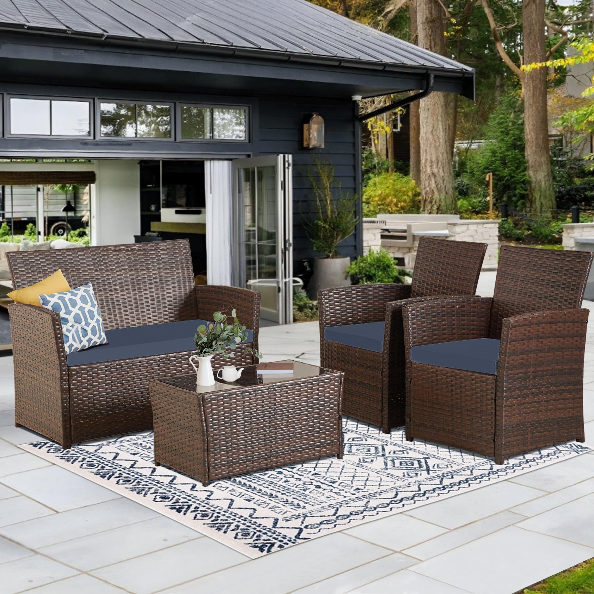 4-Piece Outdoor Patio Furniture Set - Wicker Rattan Sectional Sofa with Coffee Table & Cushions - Gray/Blue Conversation Set for Backyard, Porch, Garden, Poolside - Perfect for Relaxing & Entertaining Outdoors