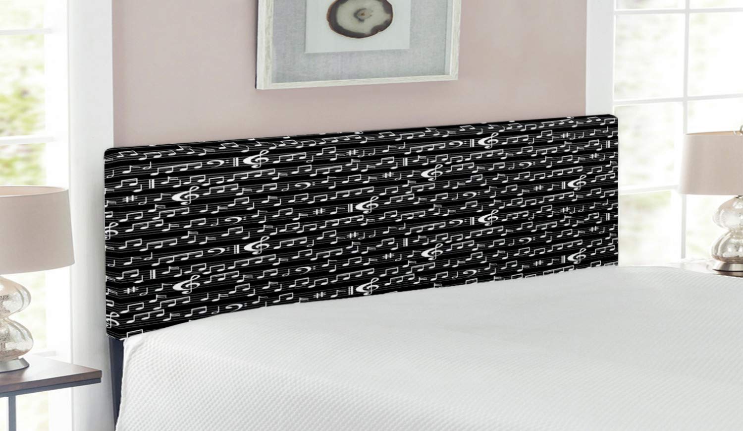 Ambesonne Upholstered Music Headboard - Abstract Musical Notes & Clef Sheet Pattern, Queen Size Bed Headboard with Memory Foam, Black & White - Perfect for Bedroom Decor, Music Lover's Room & Modern Home Styling