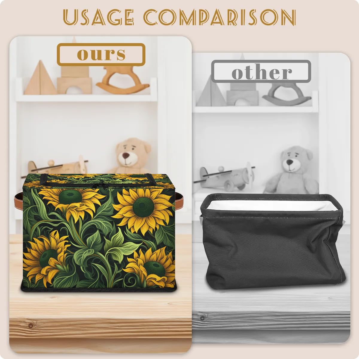 Collapsible Stackable Storage Bins with Lids - Cartoon Sunflower Design Fabric Closet Organizer for Clothes, Toys, Blankets | Space-Saving Home & Office Storage Solution for Bedroom, Kids Room & Dorm Organization