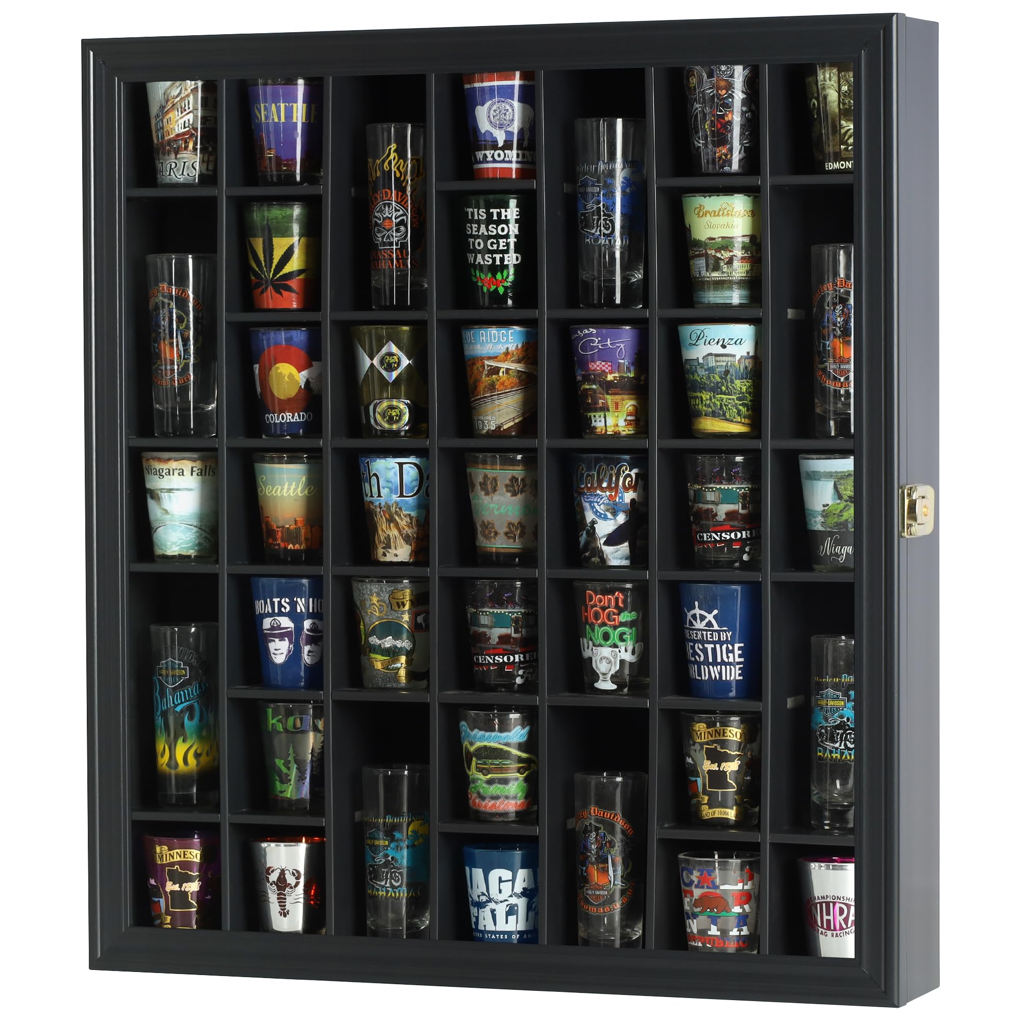41 Shot Glass Display Case Holder - Wall Mounted Bar Collection Cabinet with Door & Shadow Box - Perfect for Home Bars, Man Caves, and Liquor Collections (Black)