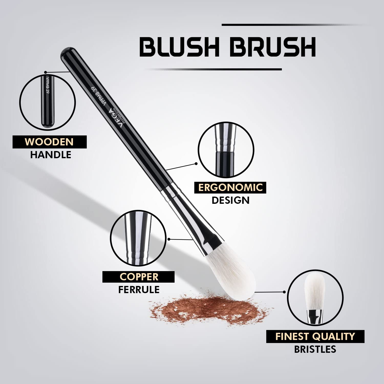 VEGA PROFESSIONAL Blush Brush - Soft Natural Bristles with Copper Ferrule & Wooden Handle (VPPMB-39) | Perfect for Powder, Cream & Liquid Blush Application | Makeup Artist Essential for Flawless Cheek Contouring