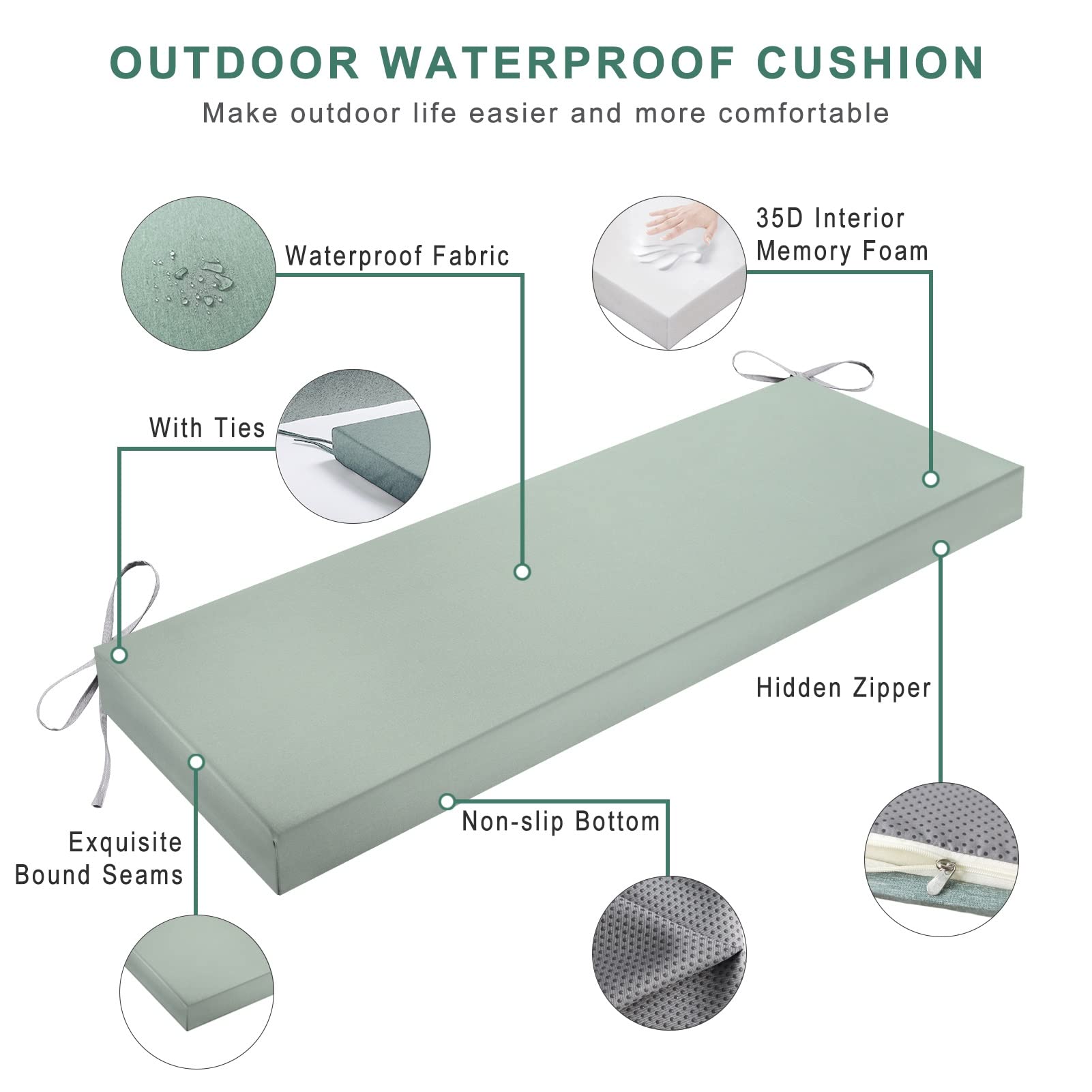 Premium Waterproof Outdoor Bench Cushion - Non-Slip Patio Furniture Cushion for Swing, Window Seat & Indoor Use - 17.7