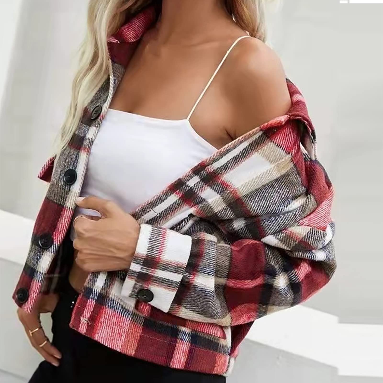 Women's Plaid Lapel Blouse - Stylish Long Sleeve Button Down Shirt with Crop Jacket Design for Spring & Fall | Casual Office Wear, Date Night Outfits & Everyday Fashion Outerwear