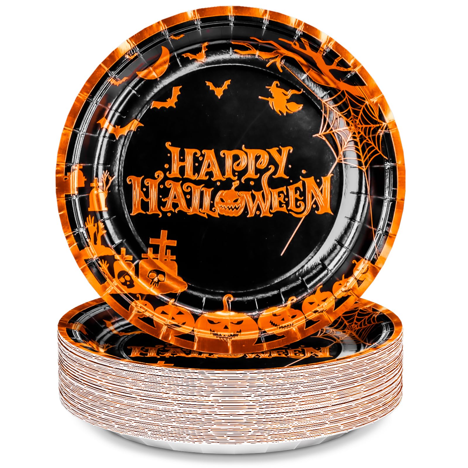 Halloween Party Plates 9 Inch - 50 Pcs Orange Gold Foil Pumpkin Cemetery Bats Disposable Paper Dinner Plates for Halloween Decorations & Party Supplies | Perfect for Spooky Dinner Parties, Trick-or-Treat Events & Haunted House Decor