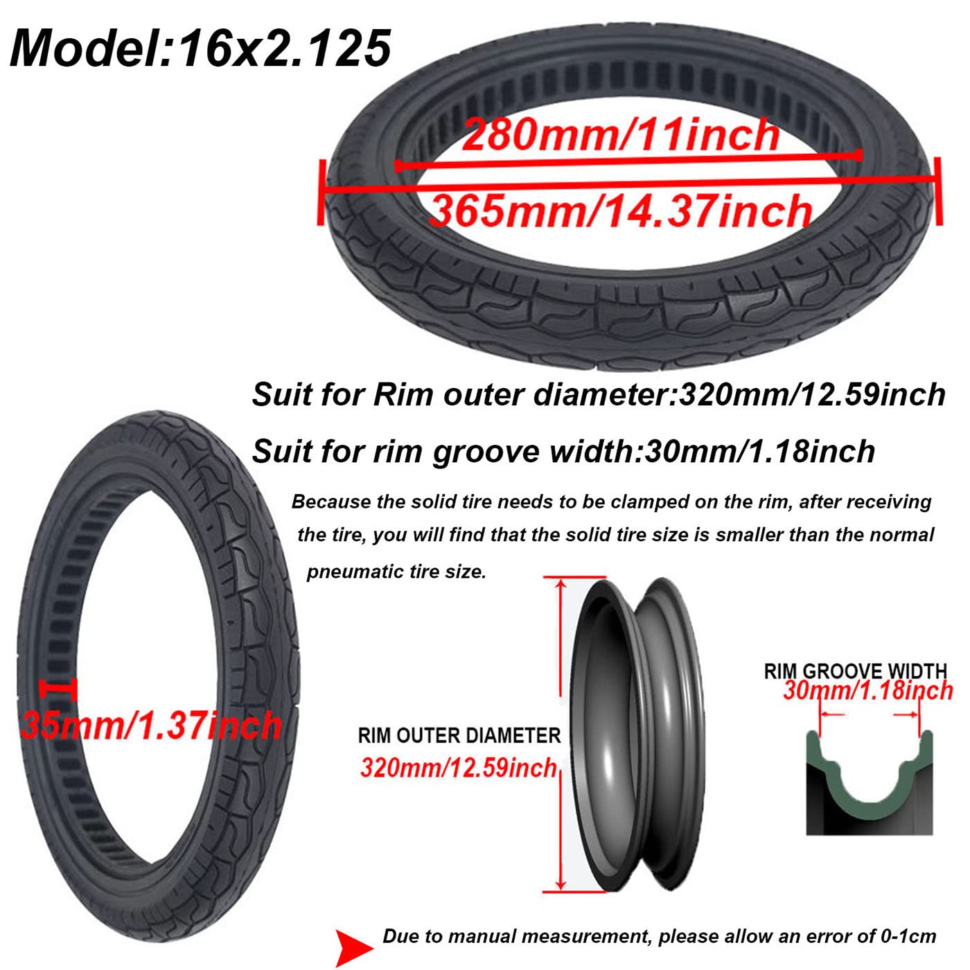 16x2.125 Solid Tires for Electric Bikes - Non-Pneumatic Replacement Tire with Shock Absorption for Front/Rear - Fits 16 Inch Folding E-Bikes | Perfect for Commuting, Urban Riding & Off-Road Adventures