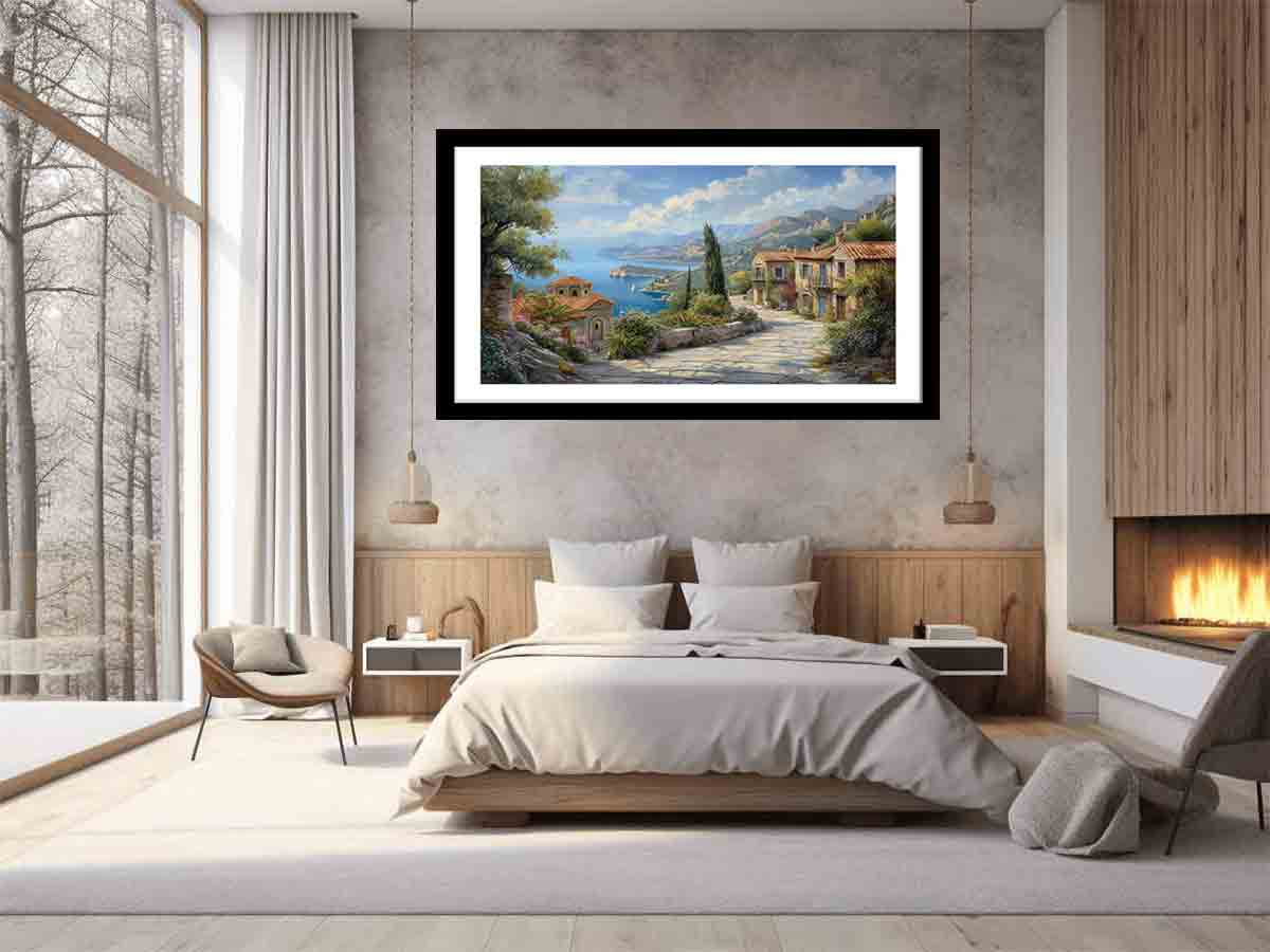 Greek Village Framed Wall Art Print - Rustic Mediterranean Landscape Painting for Home & Office Decor - Perfect for Living Room, Bedroom or Gift Giving