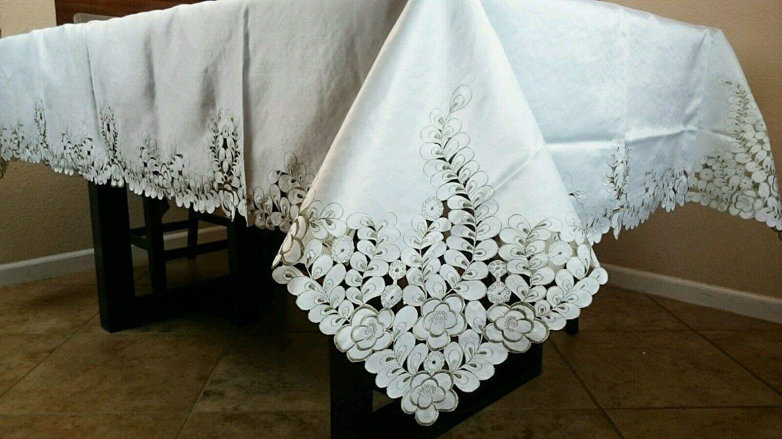Elegant Embroidered Peacock Cutwork Tablecloth 72x108 Inch - Washable Linen Table Cover for Dining Table, Buffet, Parties & Special Occasions | Perfect for Weddings, Banquets & Holiday Decor