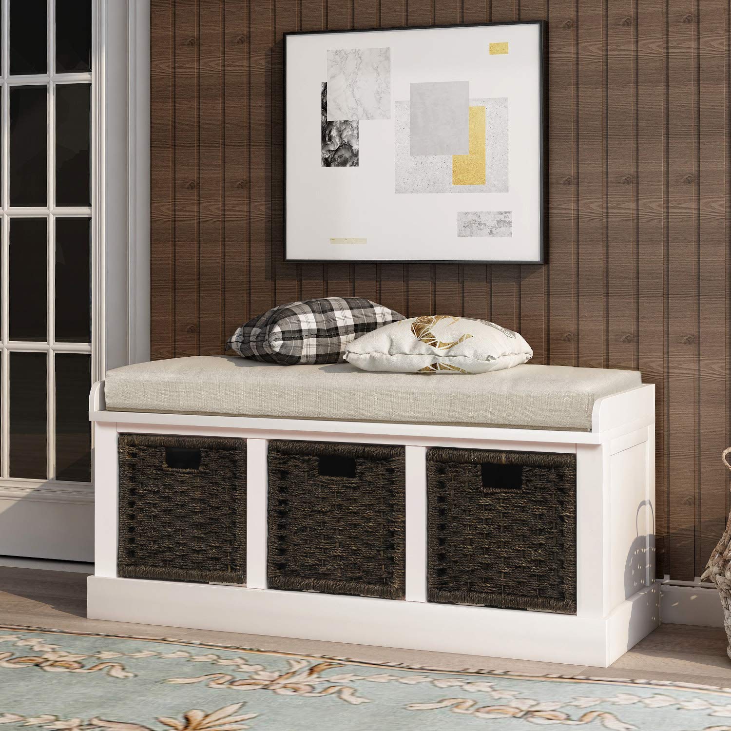 P PURLOVE Rustic Entryway Storage Bench with 3 Removable Baskets & Cushion - Fully Assembled Shoe Organizer Bench for Hallway, Living Room & Bedroom - Perfect for Entryway Seating, Shoe Storage & Home Decor