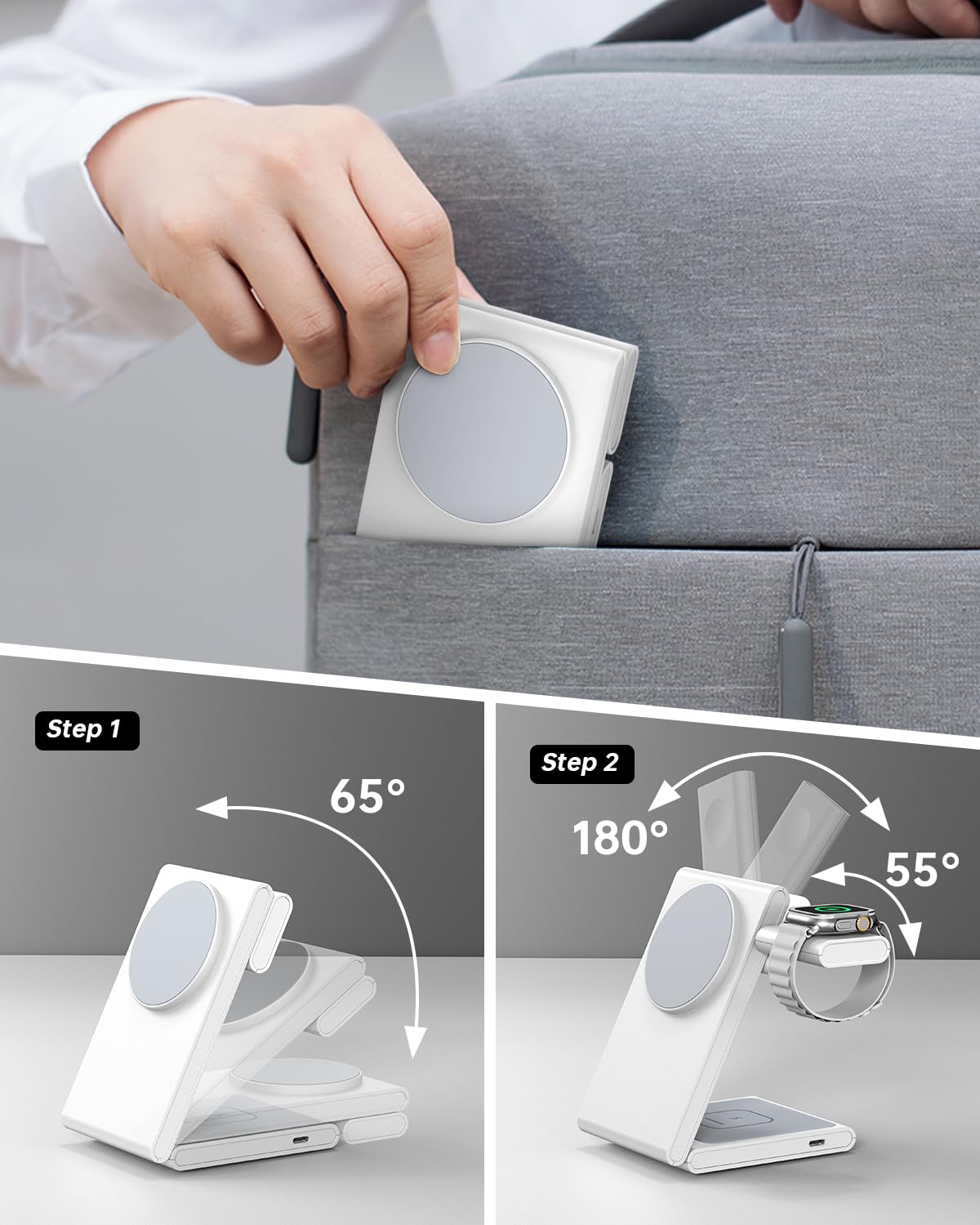 3-in-1 Magnetic Foldable Wireless Charging Station with 20W Fast Charger - Compatible with iPhone 16/15/14/13/12, Apple Watch 10/Ultra 2 & AirPods - Space Gray | Perfect for Home, Office & Travel Charging Needs