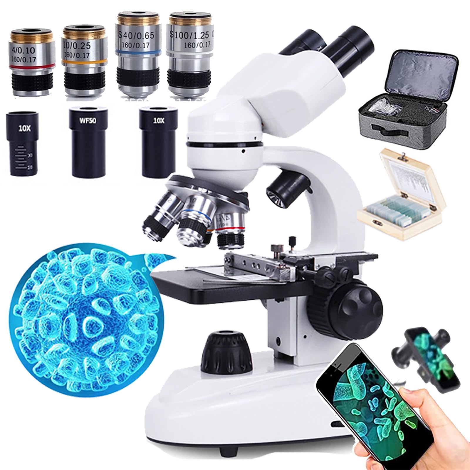 High-Power Biological Compound Microscope (6000X/10000X/20000X Magnification) with Dual LED Illumination, 30 Prepared Specimens & Phone Adapter - Perfect for School Labs, Science Students & Adult Researchers - Ideal for Classroom Experiments, Home Science Projects & Professional Observation