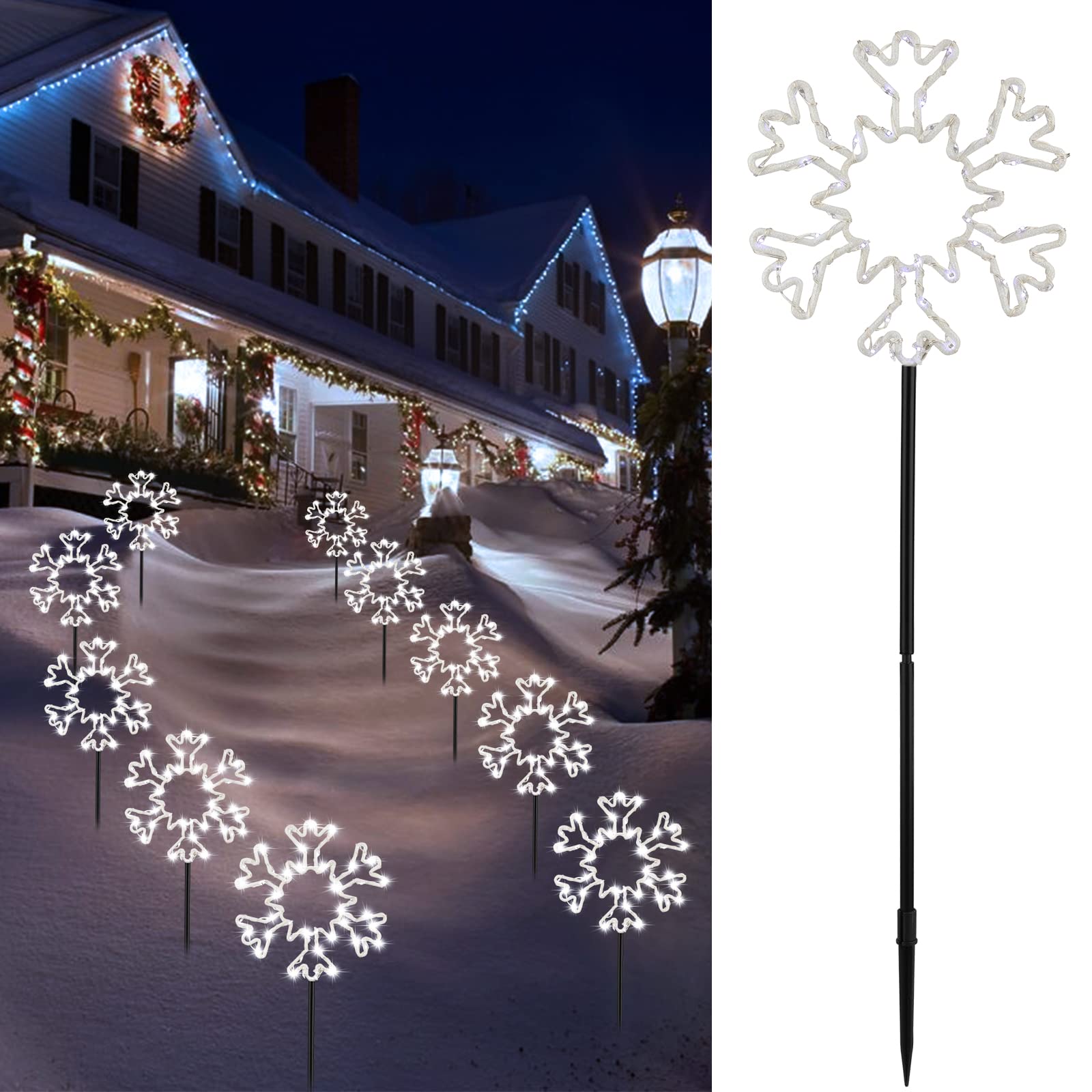 10 Large Snowflake Christmas Pathway Lights Outdoor Decorations - Weatherproof Yard Stake Lights for Patio, Driveway, Sidewalk & Walkway | Perfect for Holiday Decor, Winter Weddings & Festive Outdoor Lighting