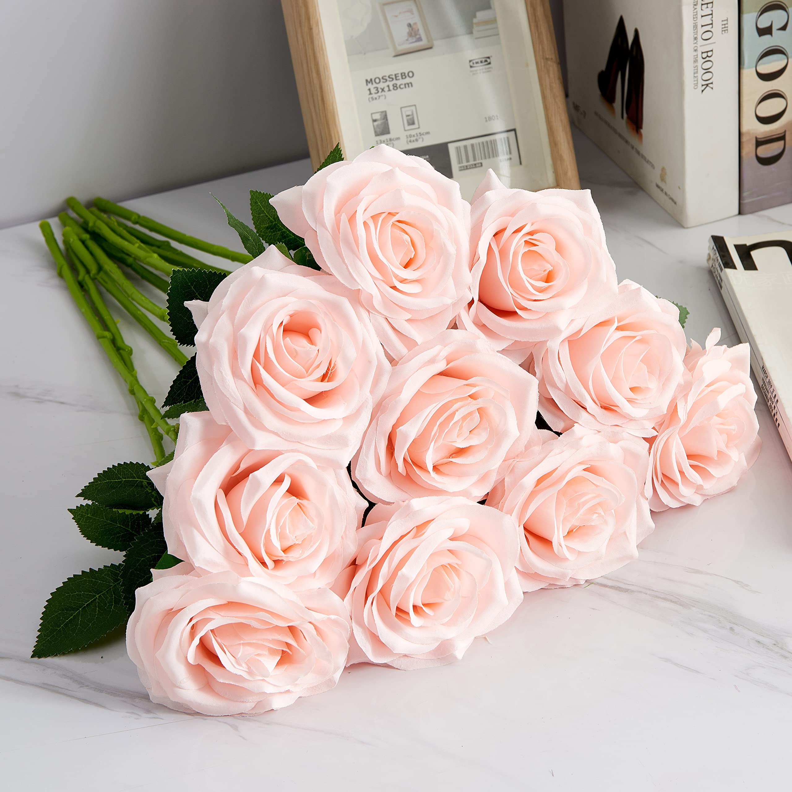 10pcs Artificial Silk Rose Stems - Realistic Open Flower Bouquet for Wedding Arrangements, Bridal Bouquets, Table Centerpieces - Perfect for Home Decor, Party Decorations & DIY Crafts (Blush Pink)