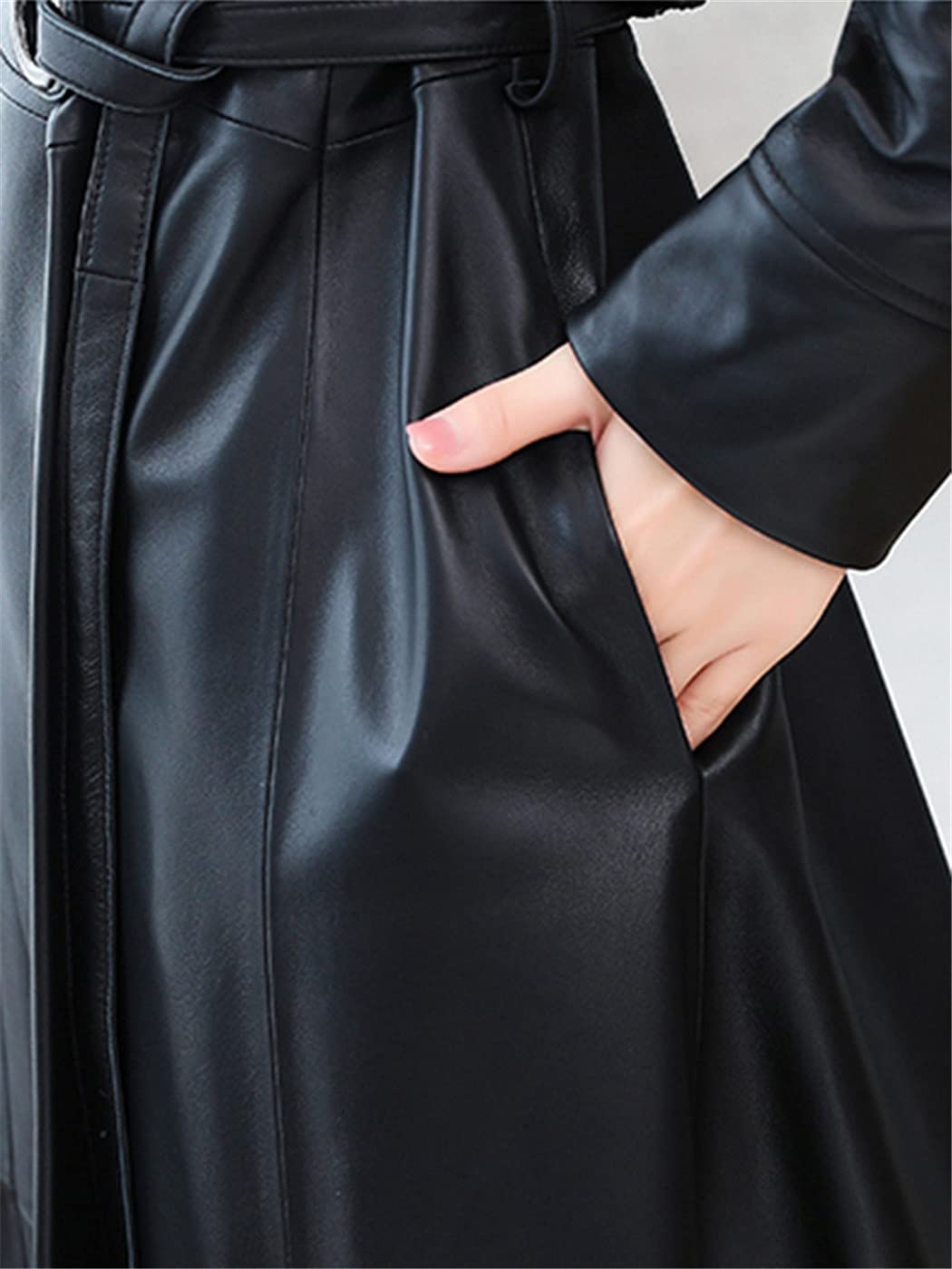 Women's Black PU Leather Trench Coat - Long Sleeve Belted Korean Style Fall Jacket for Office, Dating & Casual Outfits