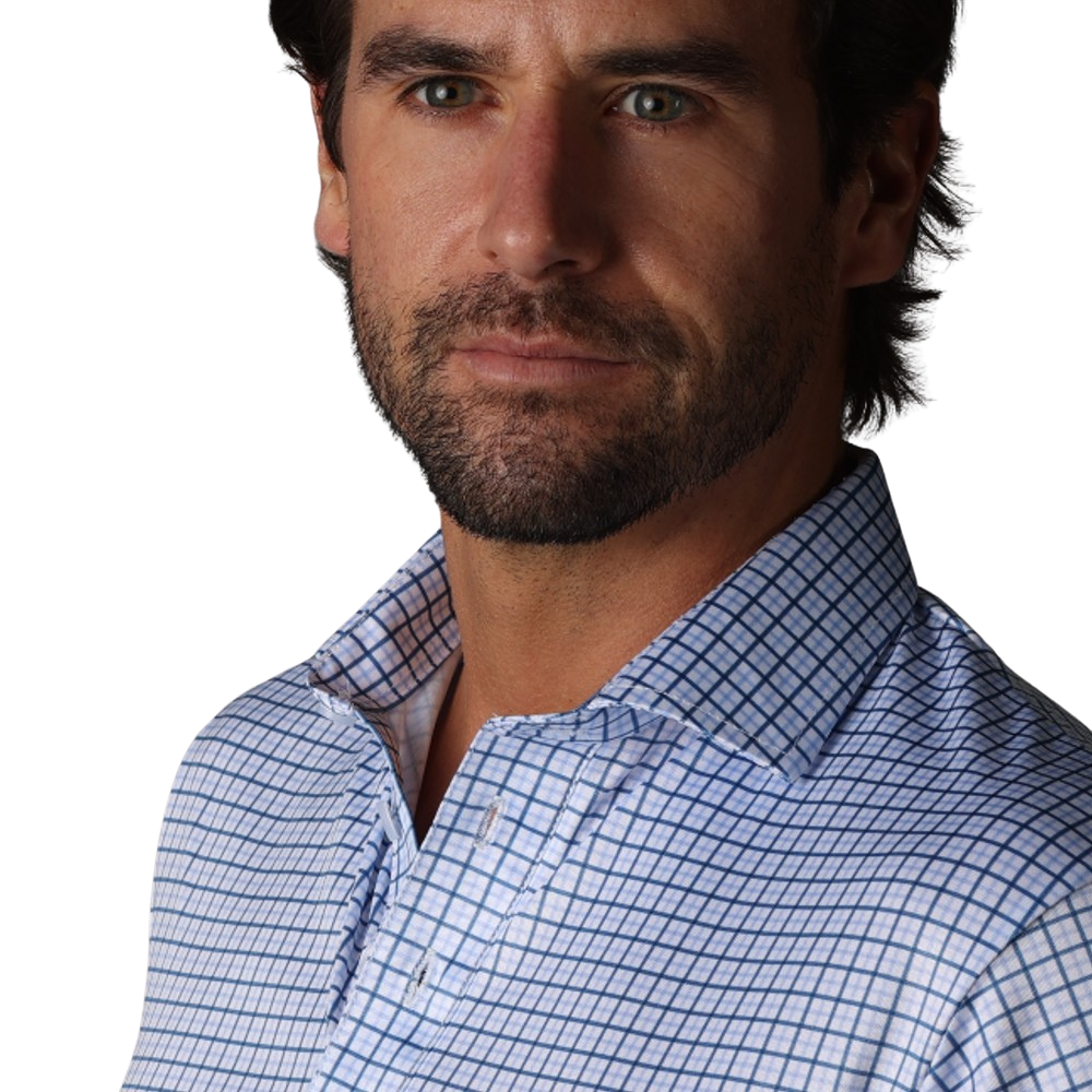 Men's Blue Tattersall Semi-Spread Collar Polo Shirt by Collars & Co | Classic Casual & Business Wear for Office, Golf & Outdoor Activities