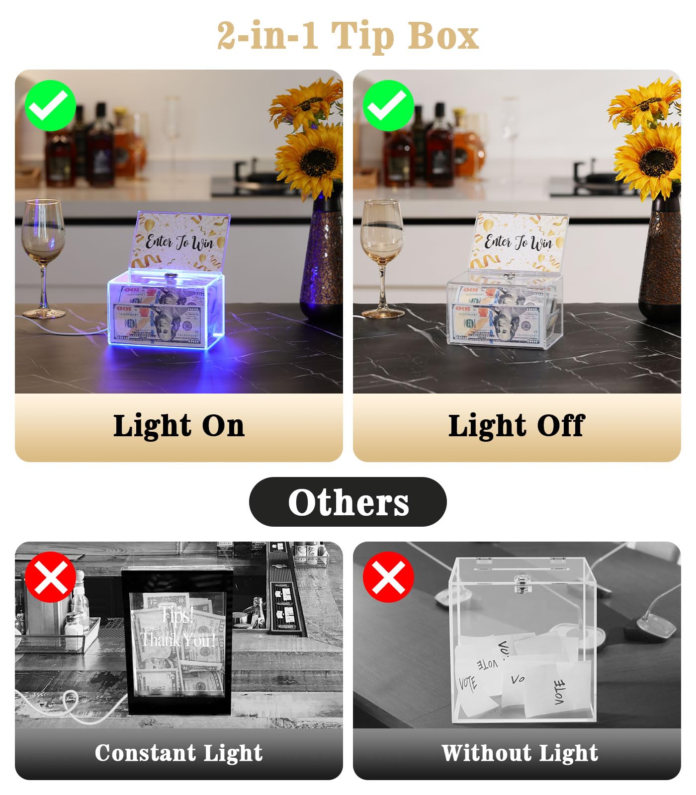 MoKo Lockable Raffle Box with Sign Holder & 100 Cards - Secure Ballot Box for Voting, Party Drawings & Fundraising Events - Includes Detachable Lighted Tip Jar for Bars, Restaurants & Charity Functions