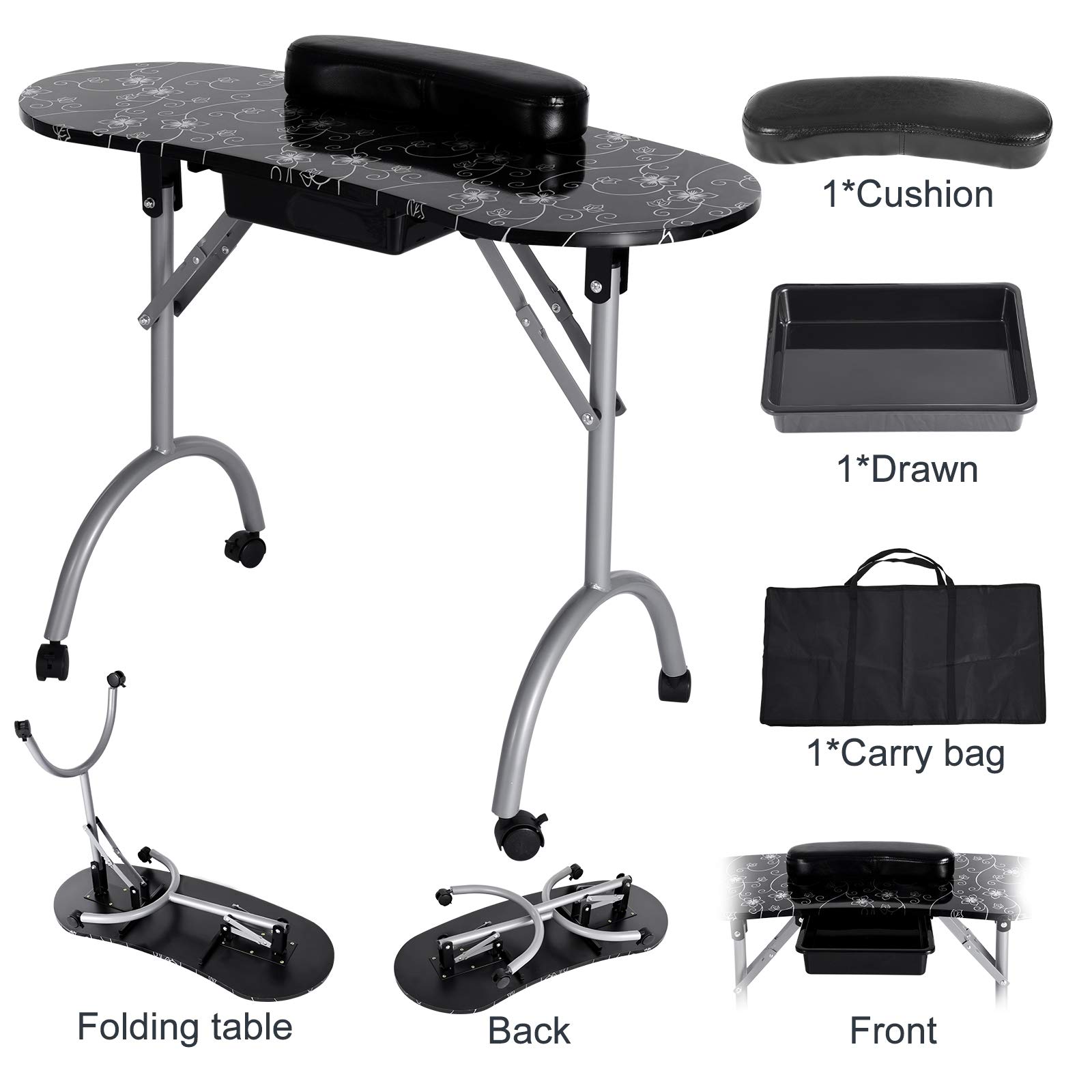 Portable Folding Nail Tech Station with Wheels - Adjustable Manicure Table for Home Spa & Salon, Includes Wrist Cushion, Storage Drawer & Carry Bag - Perfect for Mobile Nail Technicians & Beauty Professionals On-The-Go