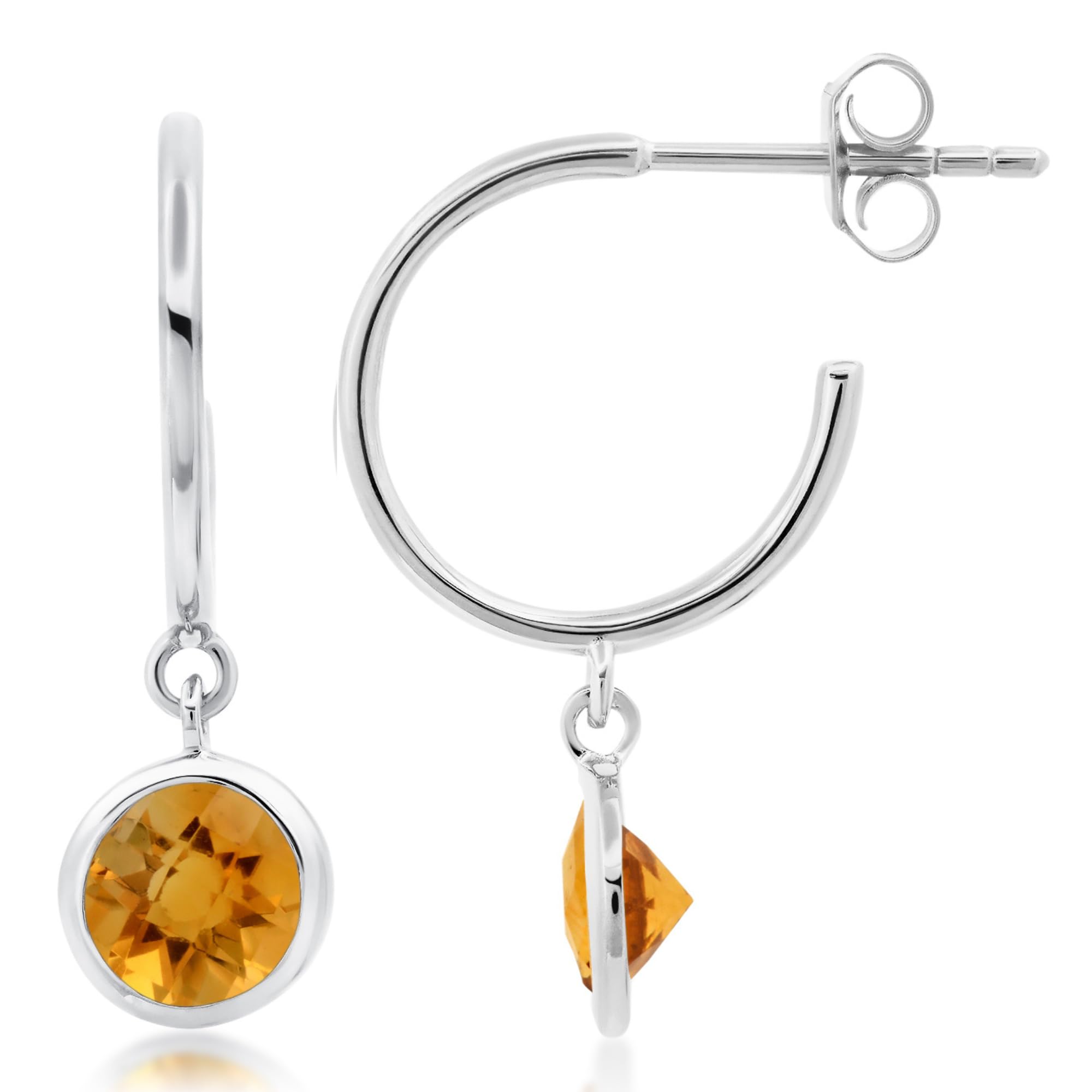 925 Sterling Silver Citrine Hoop Earrings for Women - Dangling Open Hoop with Bezel Set Round Citrine Gemstone, November Birthstone Jewelry | Perfect for Gifts, Parties & Everyday Wear