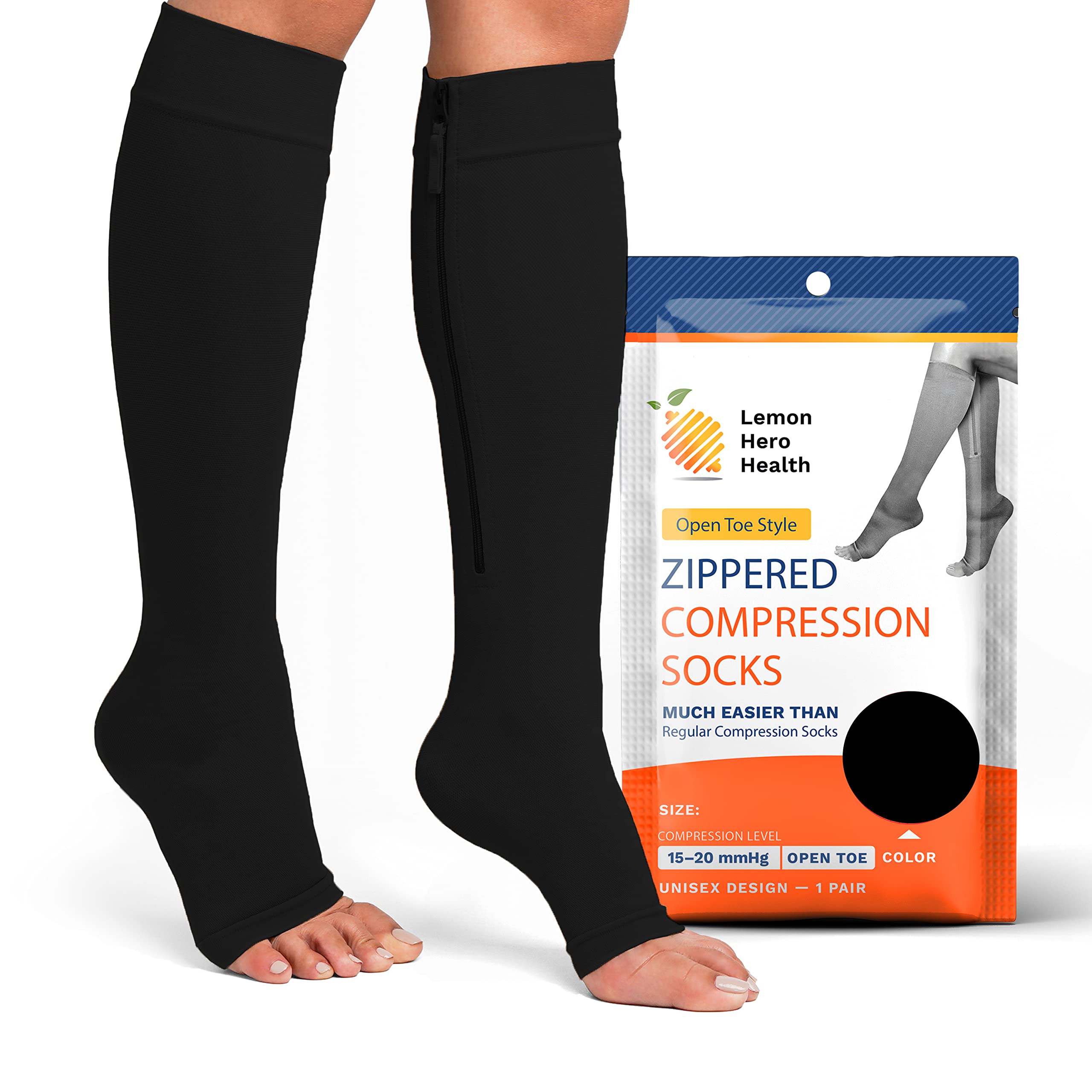 Open Toe Compression Socks for Women & Men - 15-20 mmHg Zippered Stockings - Easy to Wear Premium Toeless Socks for Nurses, Running & Travel - 4XL Black [1 Pair] - Perfect for Medical Professionals, Athletes & Long Flights