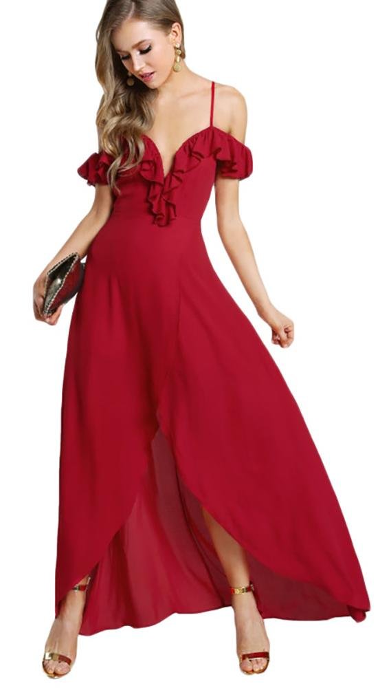 Gabriella Cold Shoulder Flutter Sleeve Wrap Maxi Dress - Women's Elegant Ruffle Plunge Evening Gown in Lipstick Red | Perfect for Weddings, Parties & Special Occasions