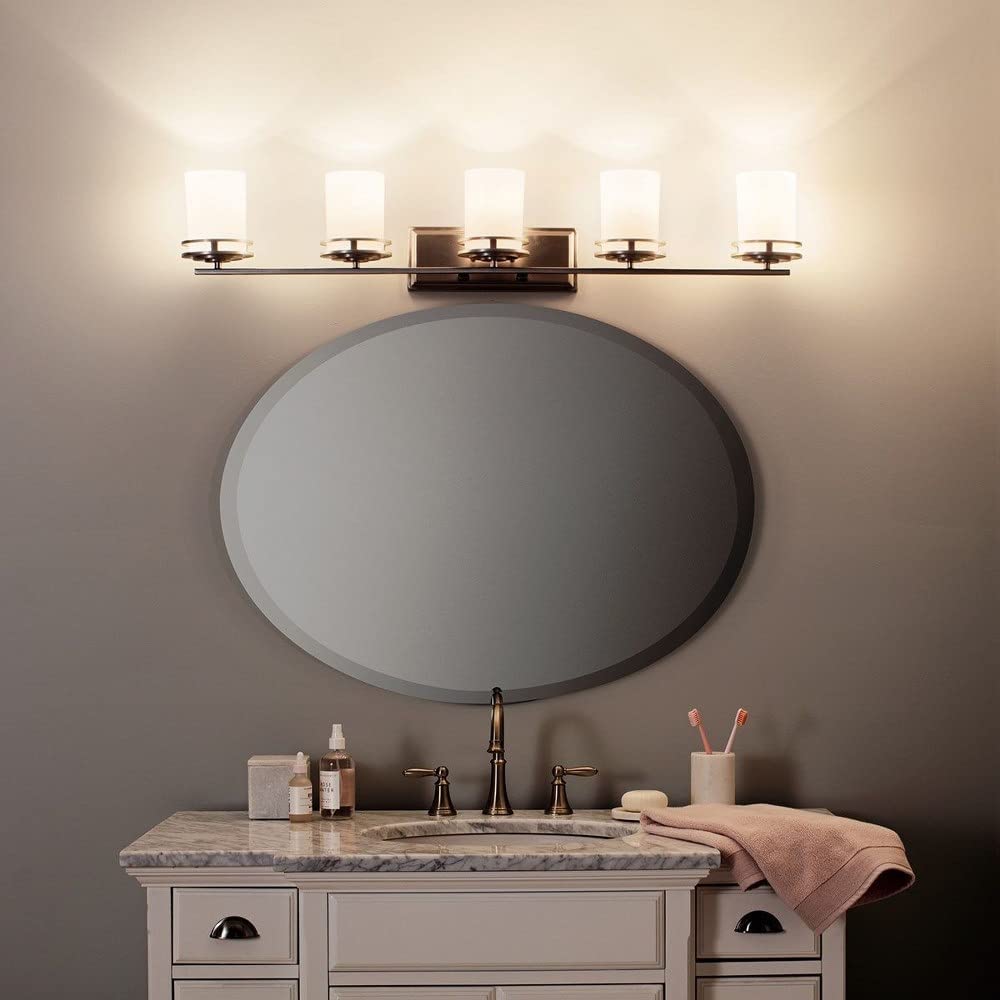 Kichler Hendrik 43-Inch 5-Light Bathroom Vanity Light Fixture - Satin Etched Cased Opal Glass with Chrome Finish - Perfect for Modern Bathroom, Powder Room, and Dressing Room Lighting