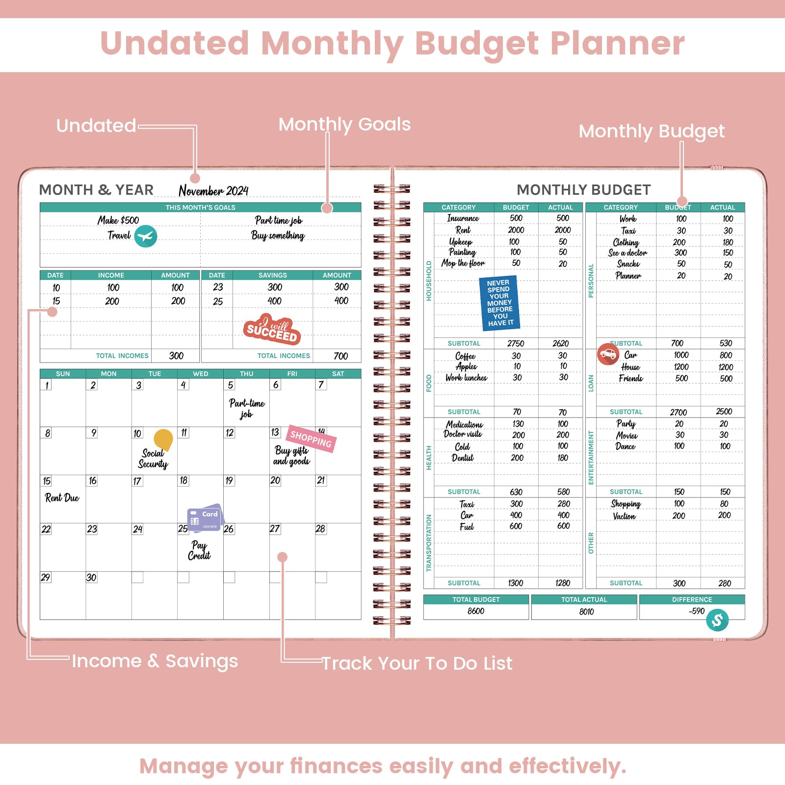 2025 Monthly Budget Planner - 8''x10'' Bill Tracker & Financial Organizer | Expense Tracking Notebook with Rose Gold Cover | Perfect for Personal Finance Management, Bill Payments & Savings Goals